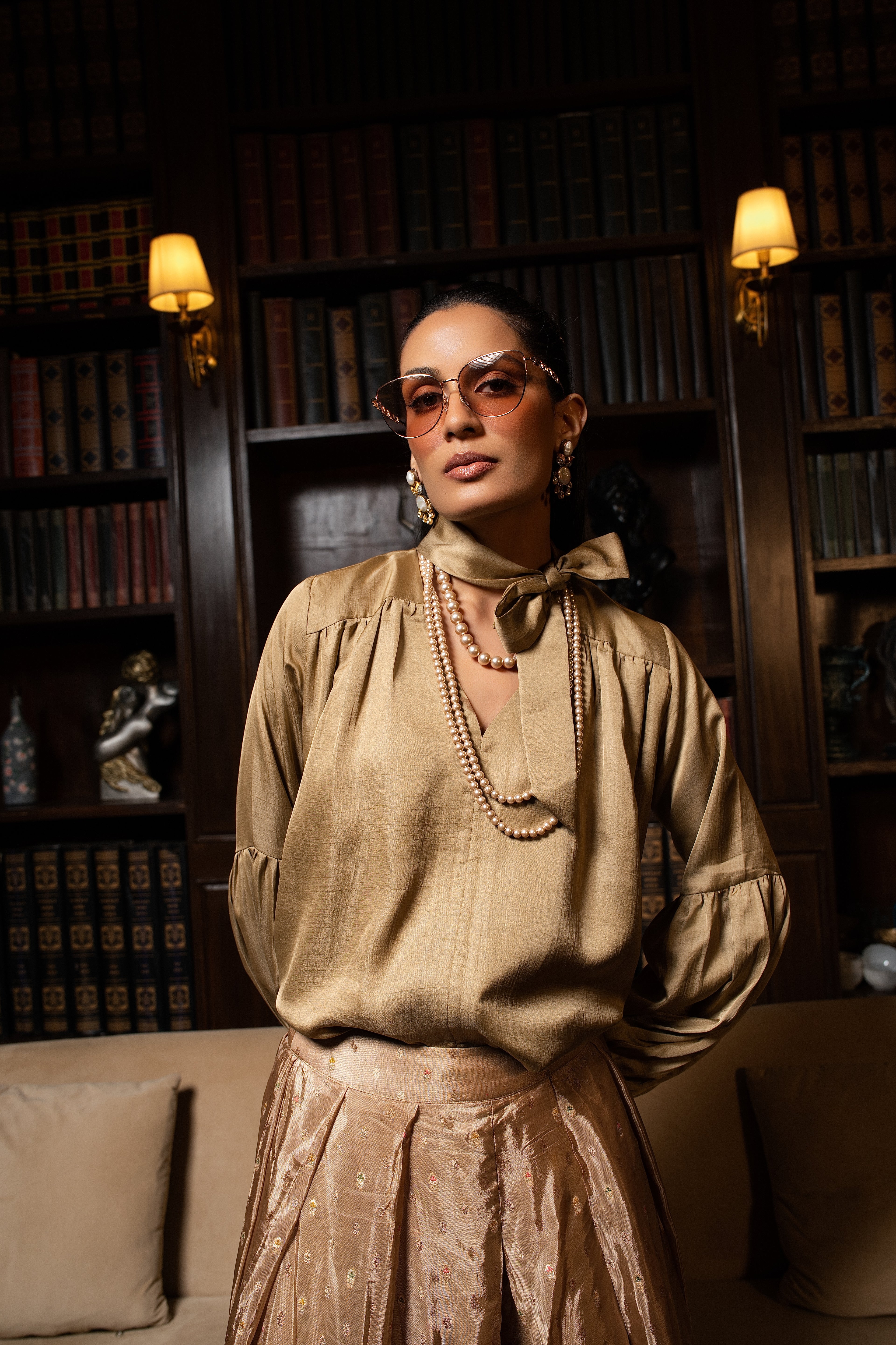 Beige silk tunic top set