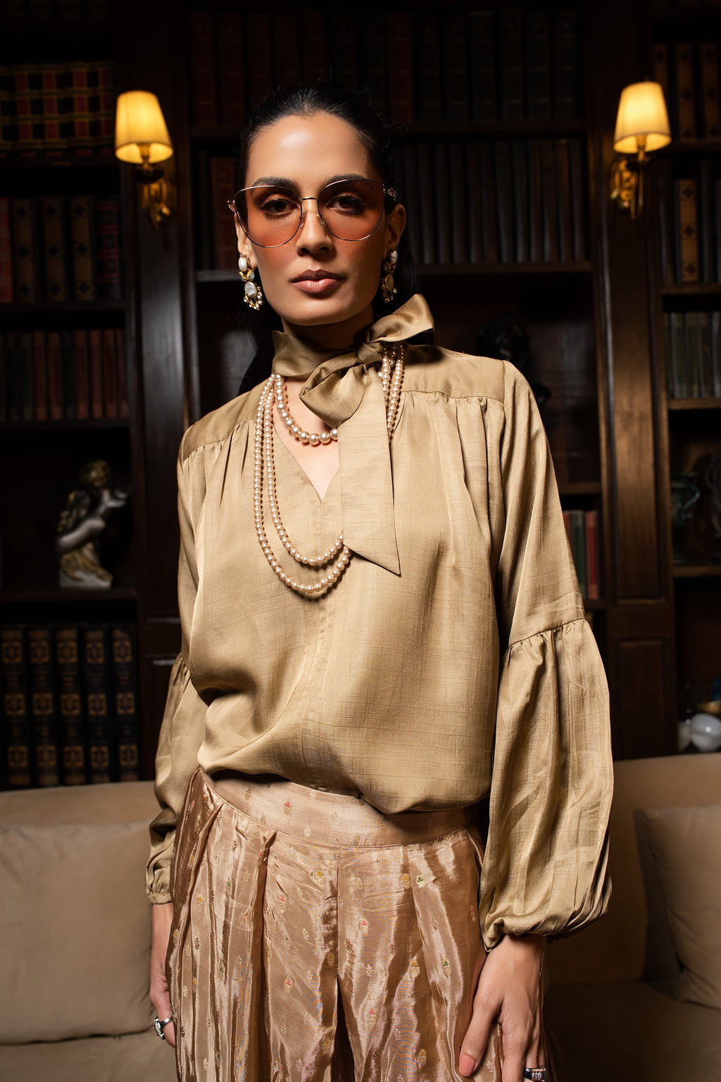 Beige silk tunic top set