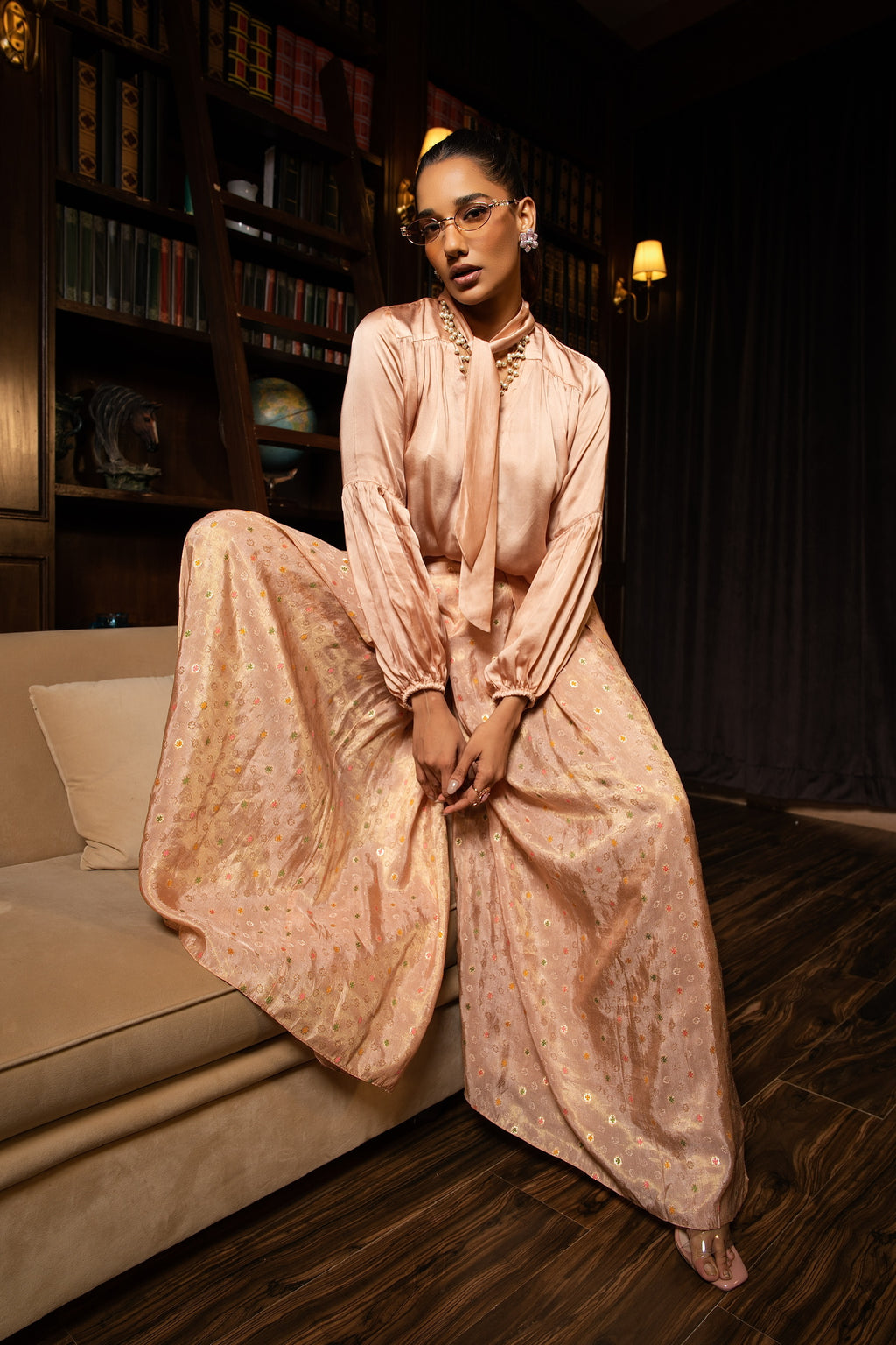 Peach silk tunic top set