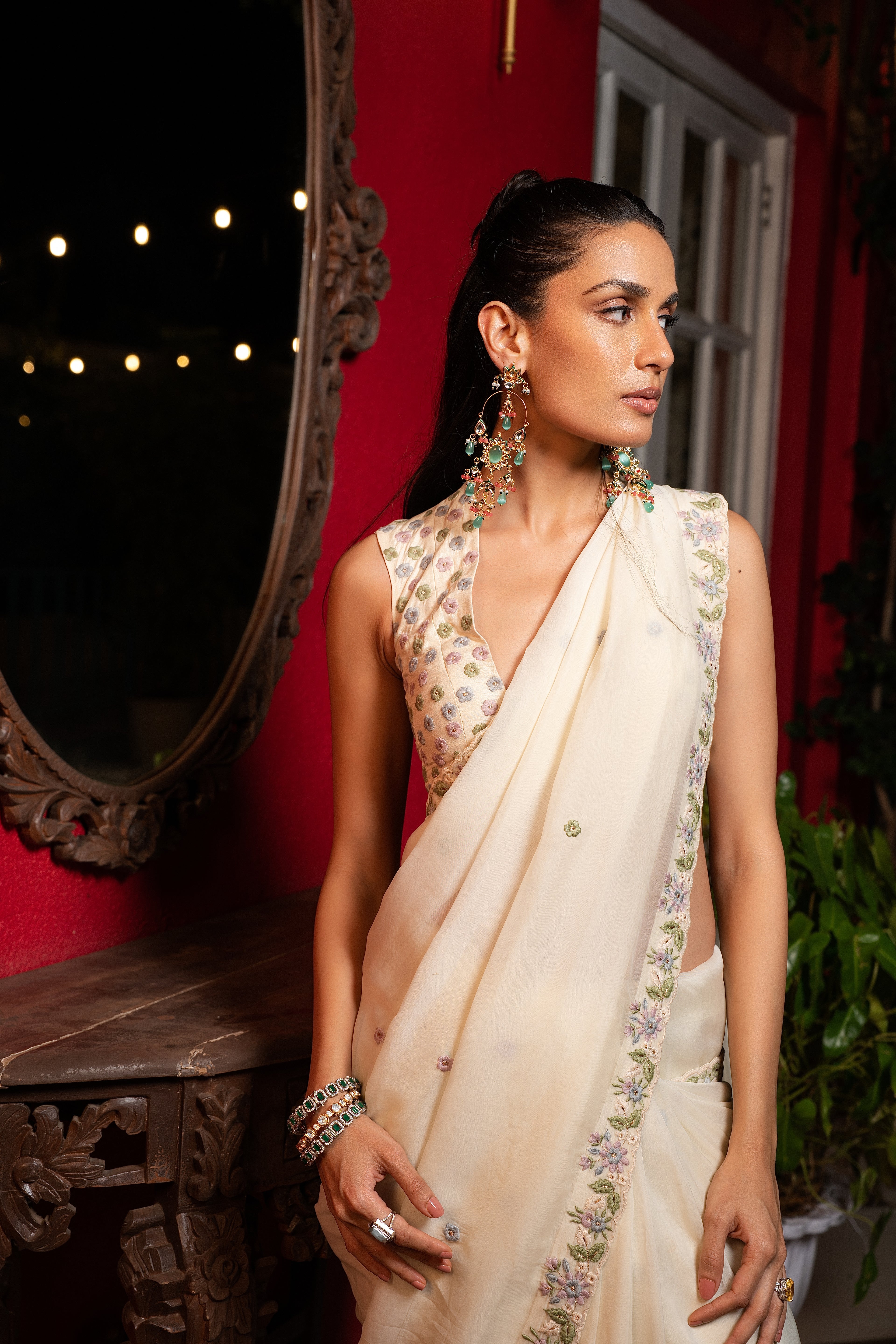 Sage green embriodered sari set