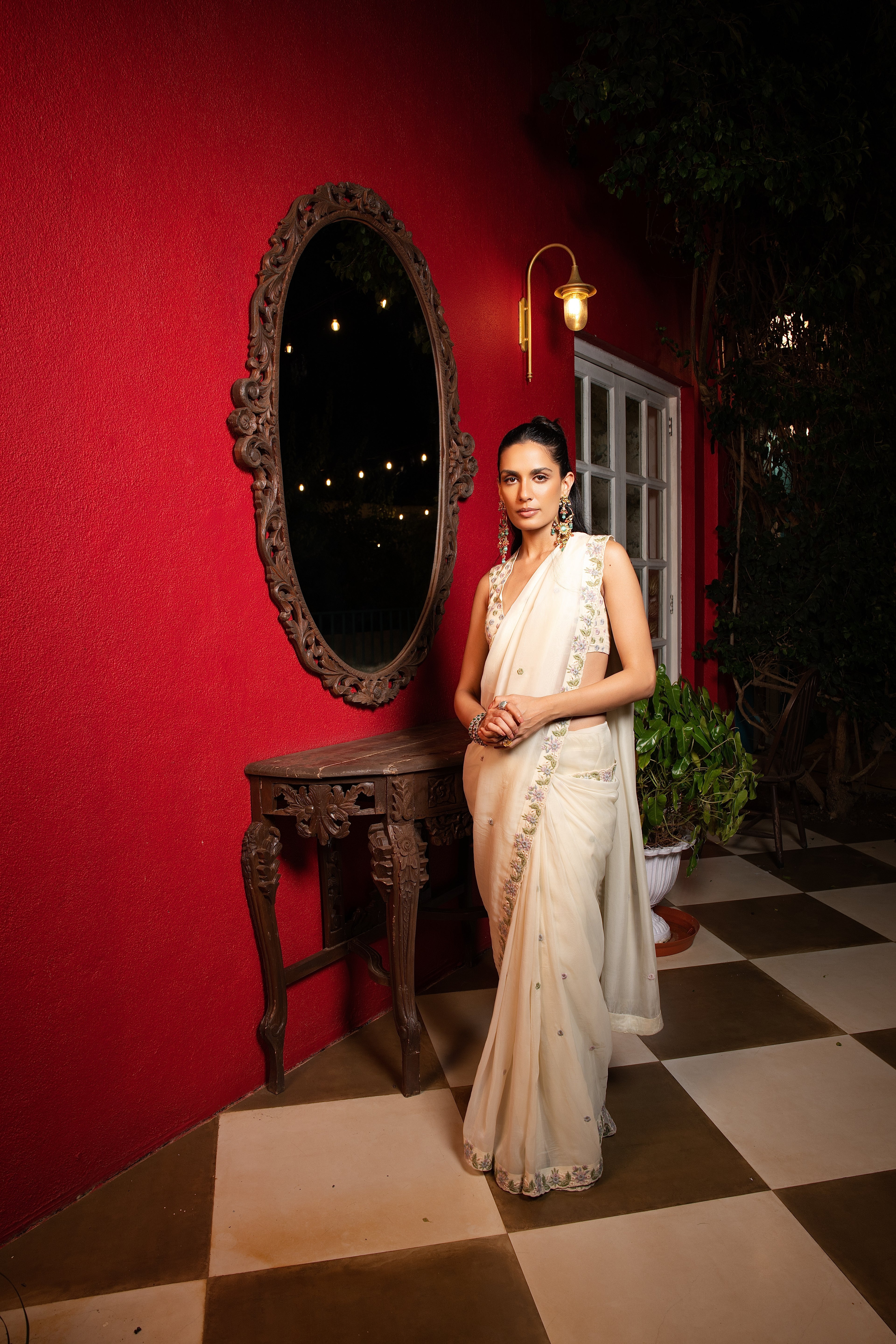 Sage green embriodered sari set
