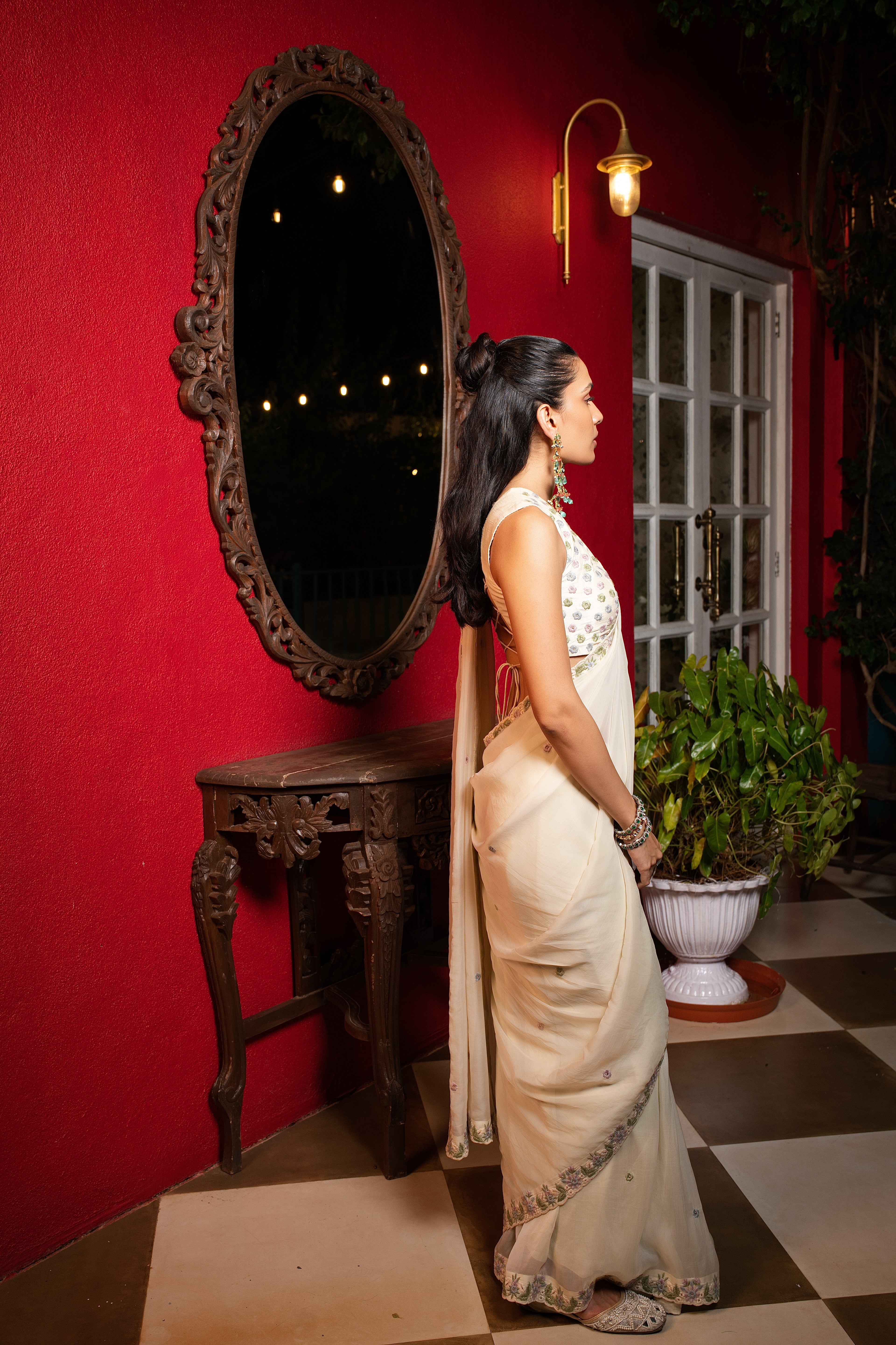 Sage green embriodered sari set