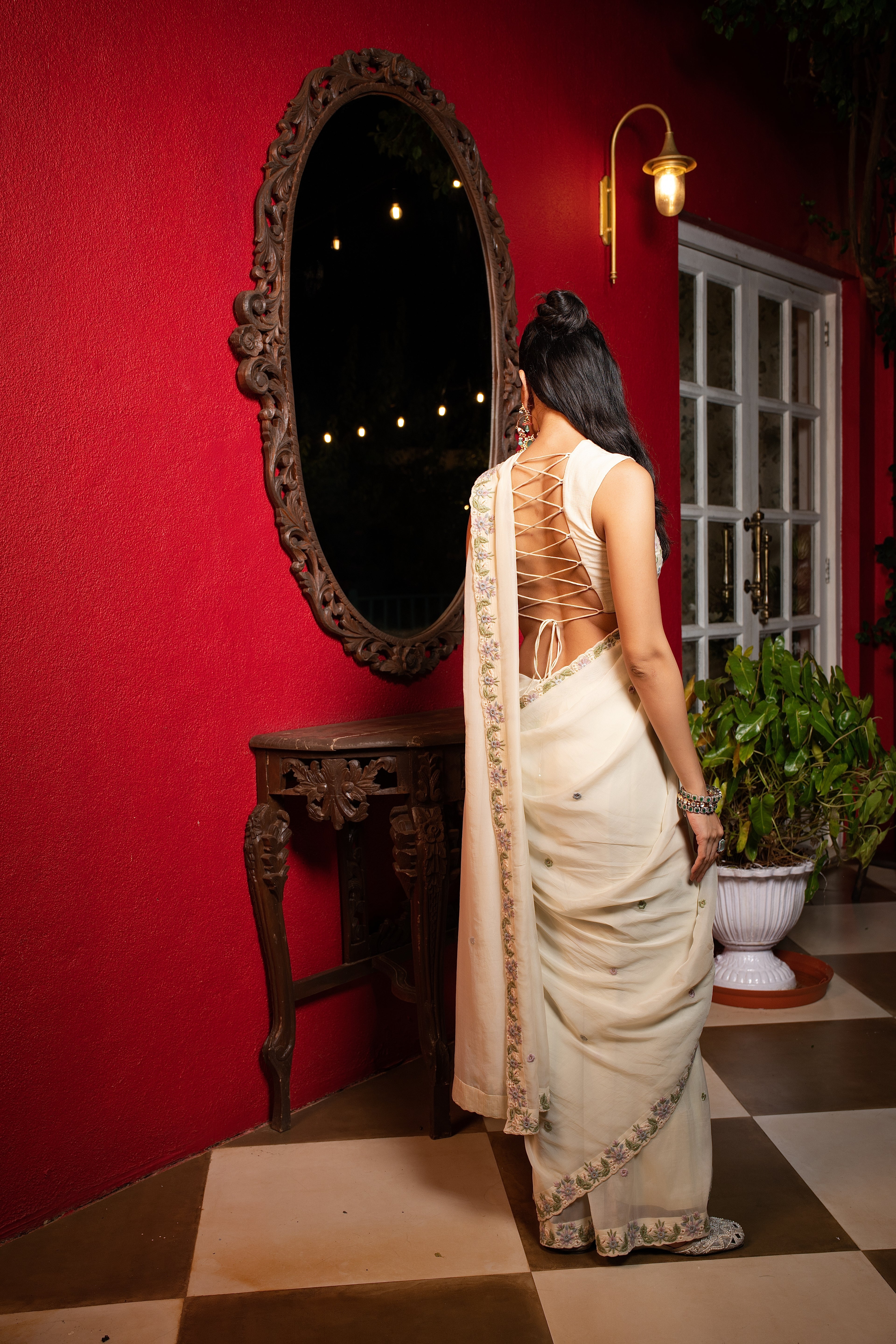 Sage green embriodered sari set