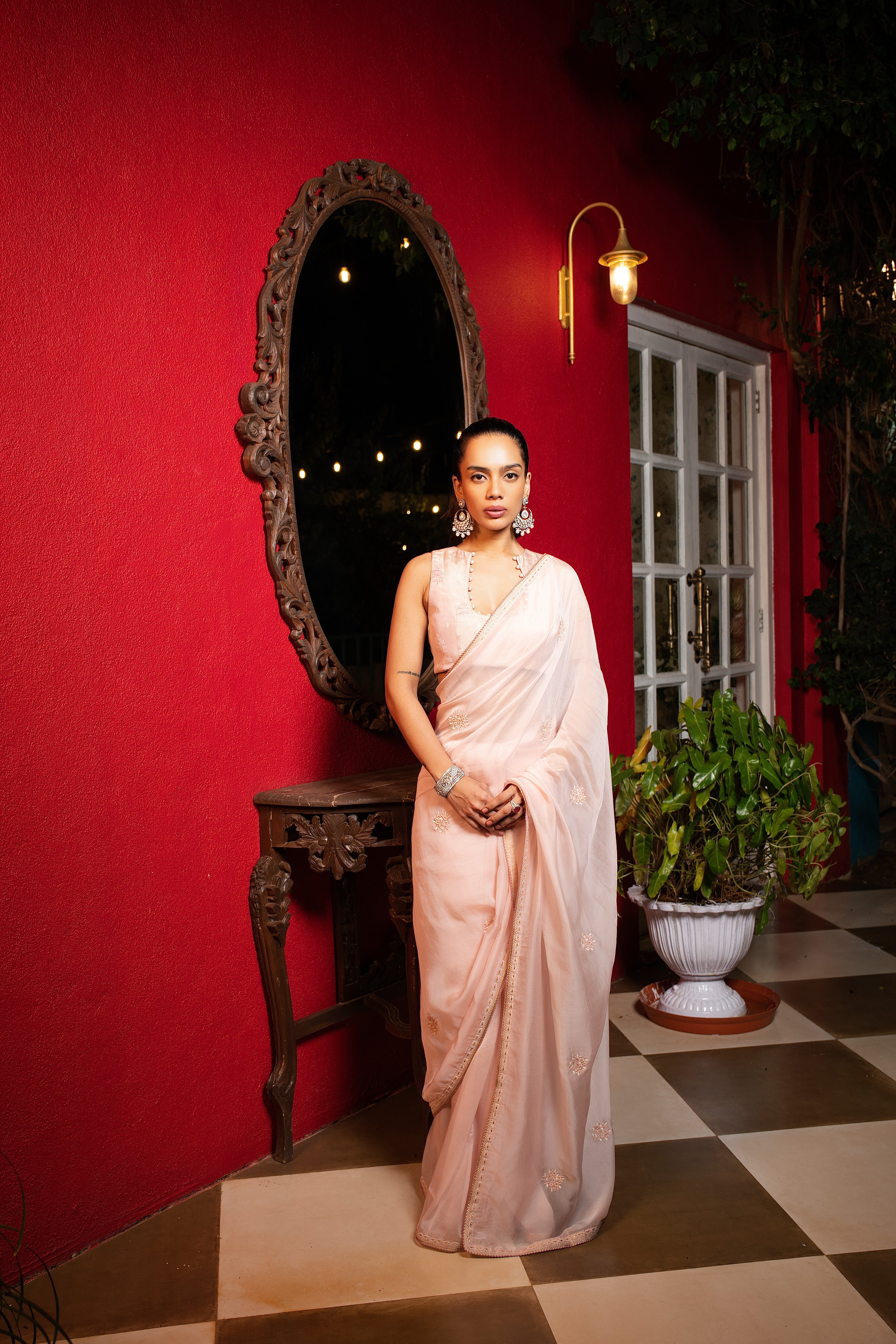 Dust pink embriodered organza sari set
