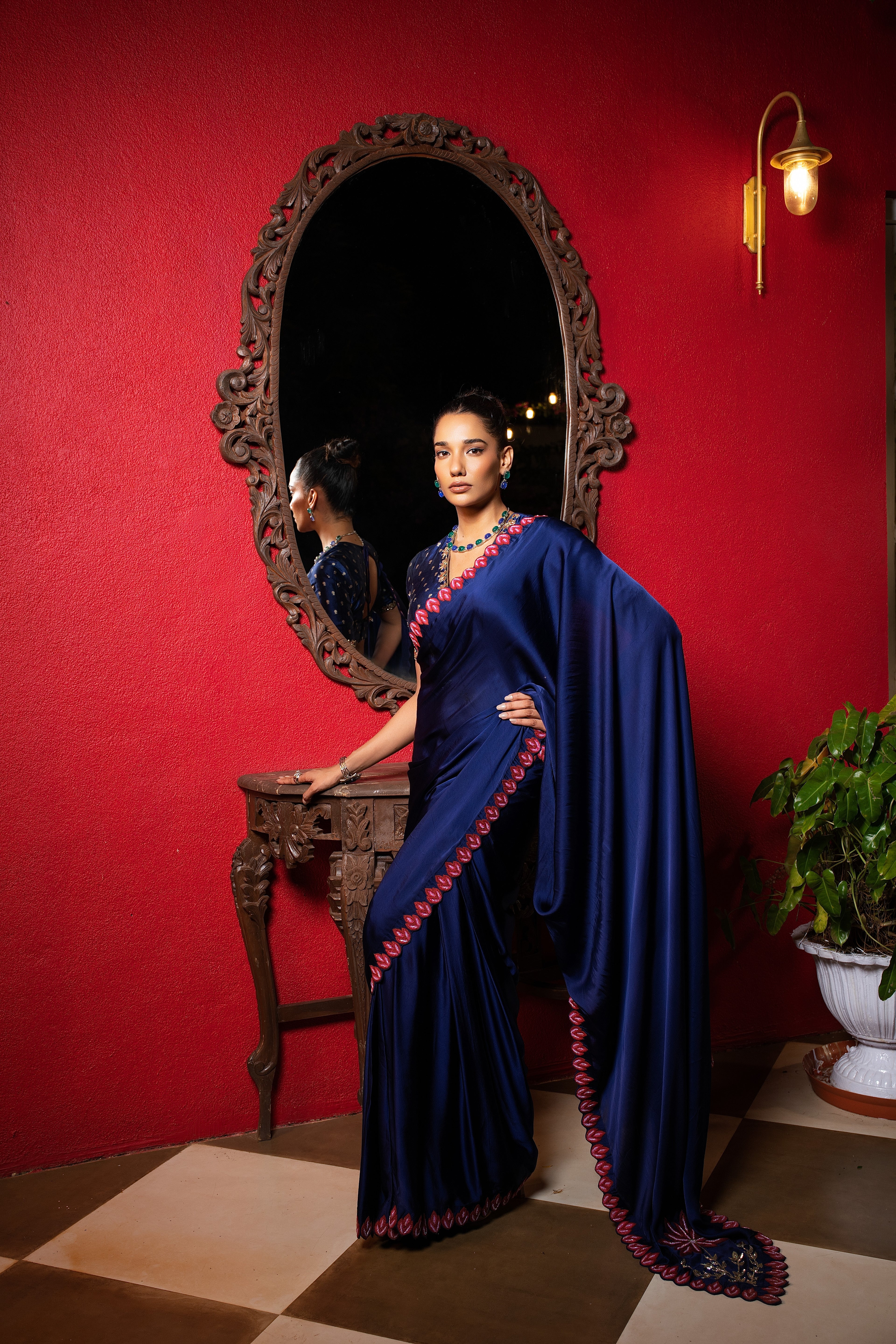 Indigo crepe silk embriodered pre-stiched sari set