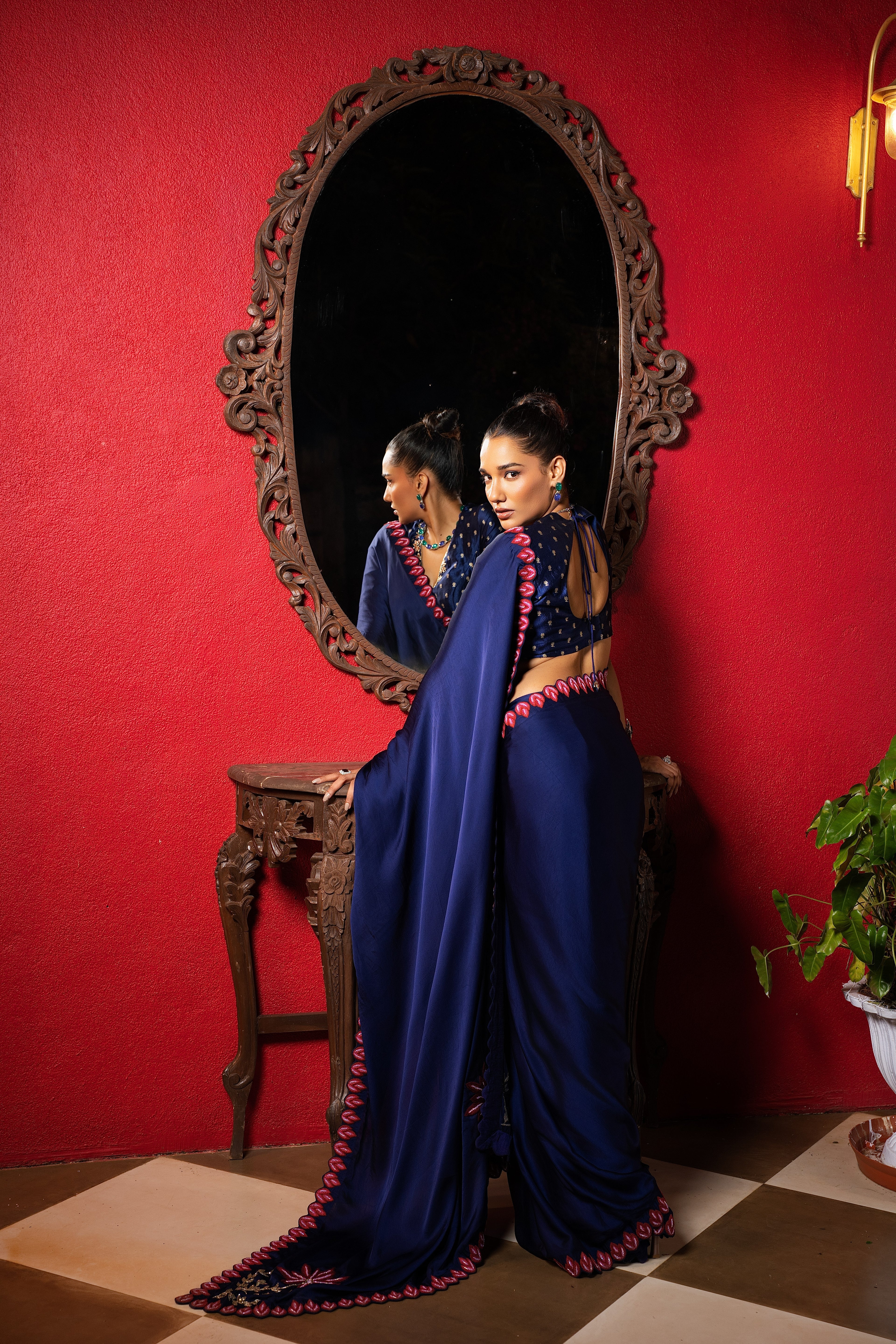 Indigo crepe silk embriodered pre-stiched sari set