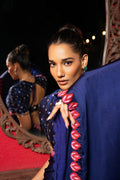 Indigo crepe silk embriodered pre-stiched sari set