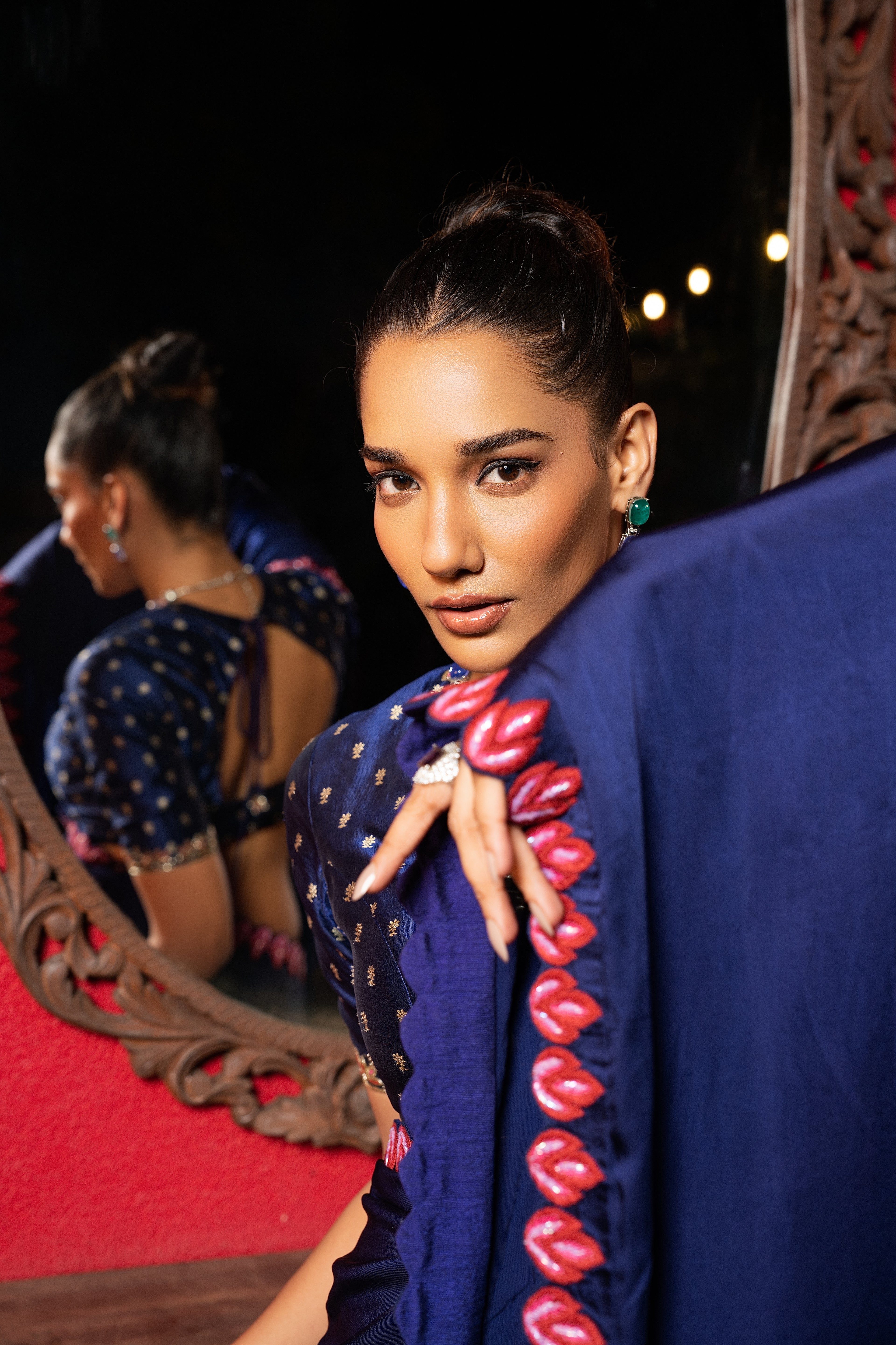 Indigo crepe silk embriodered pre-stiched sari set