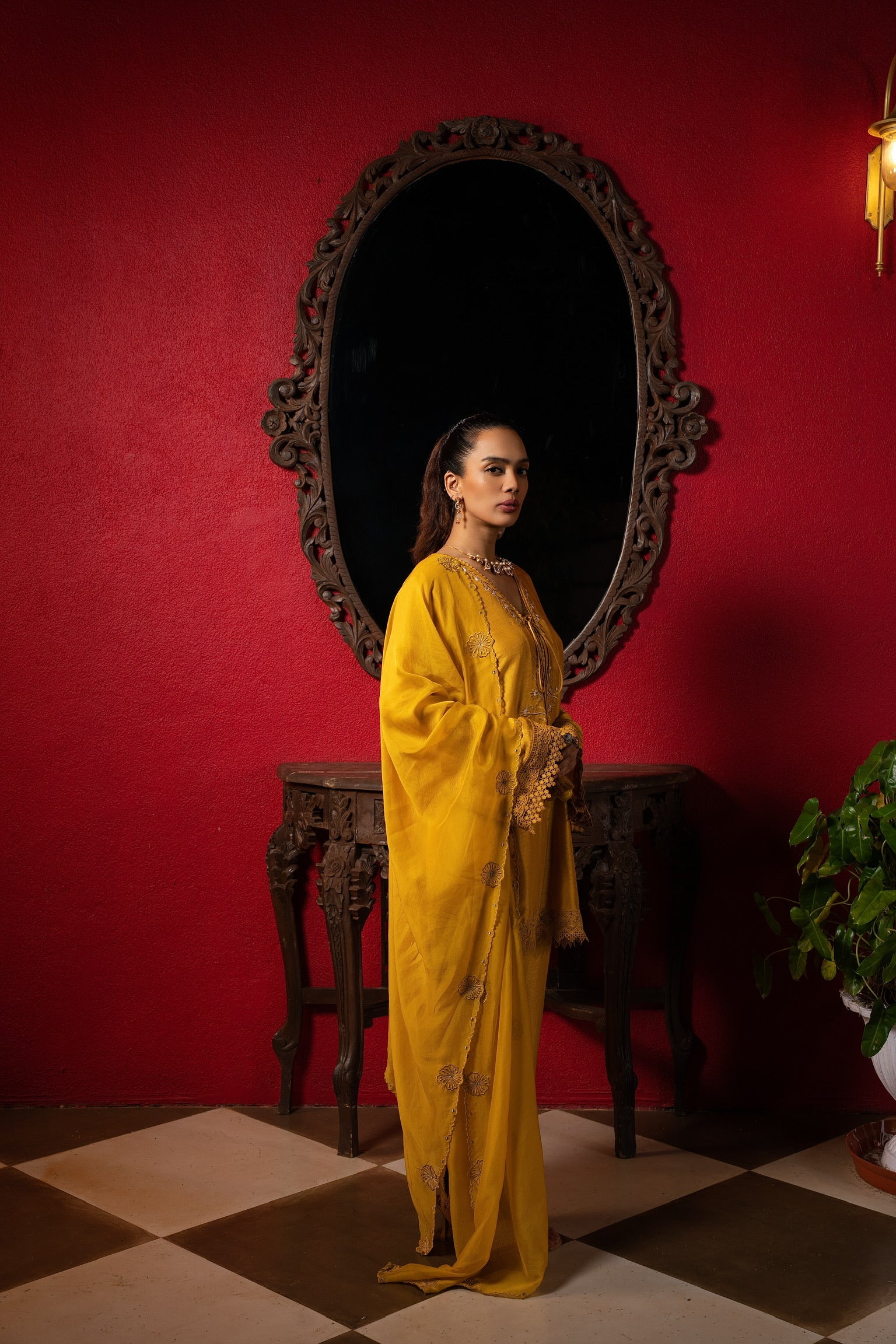 Sunshine yellow embriodered short kurta set.