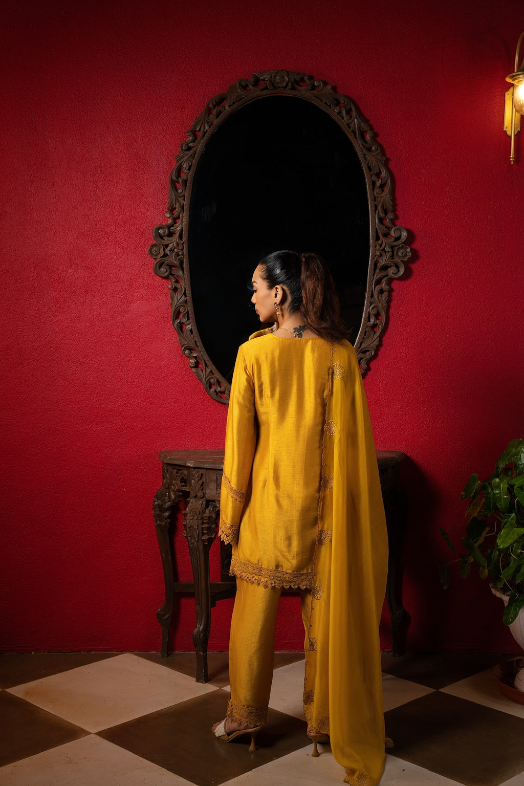 Sunshine yellow embriodered short kurta set.