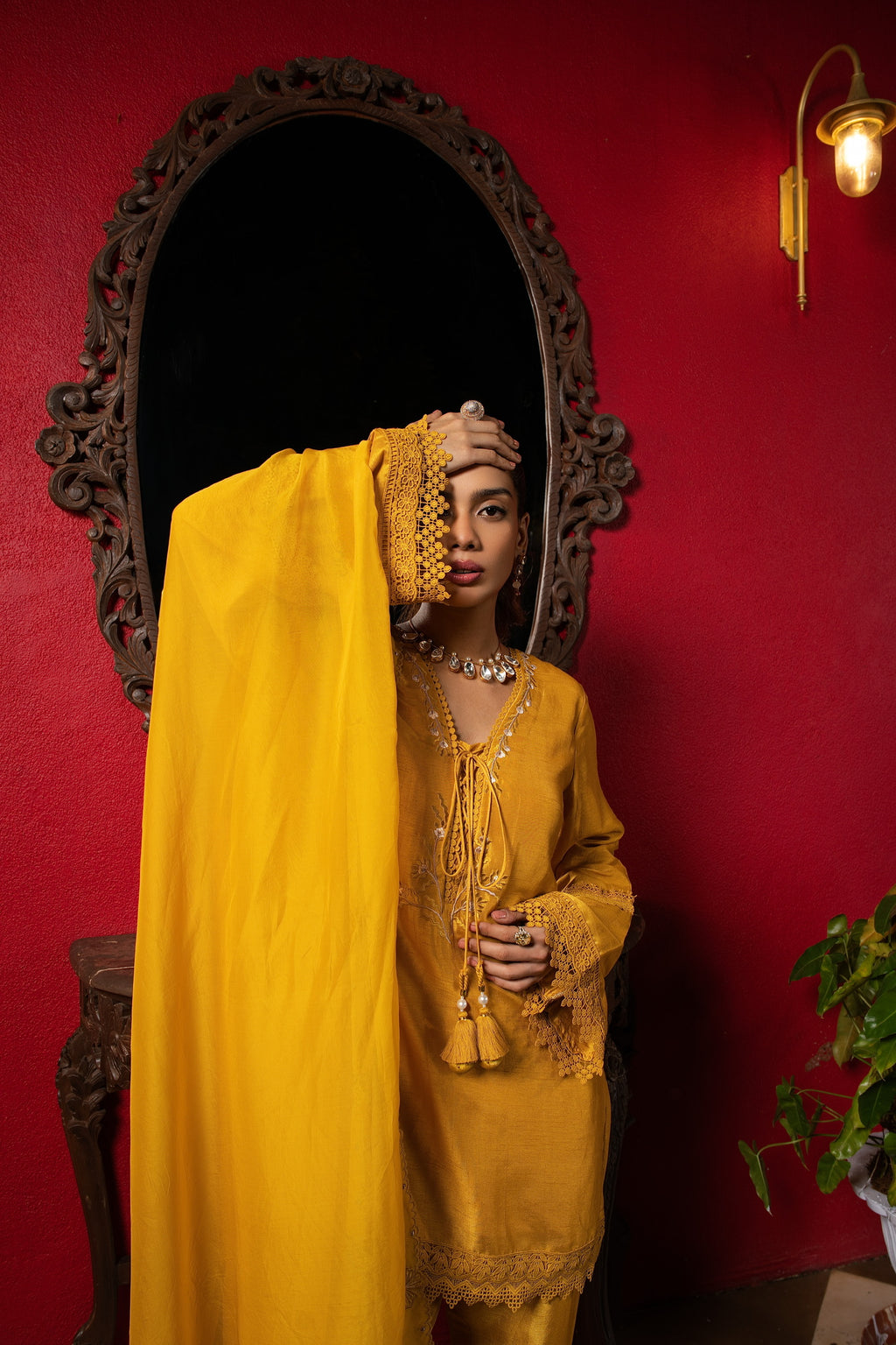 Sunshine yellow embriodered short kurta set.