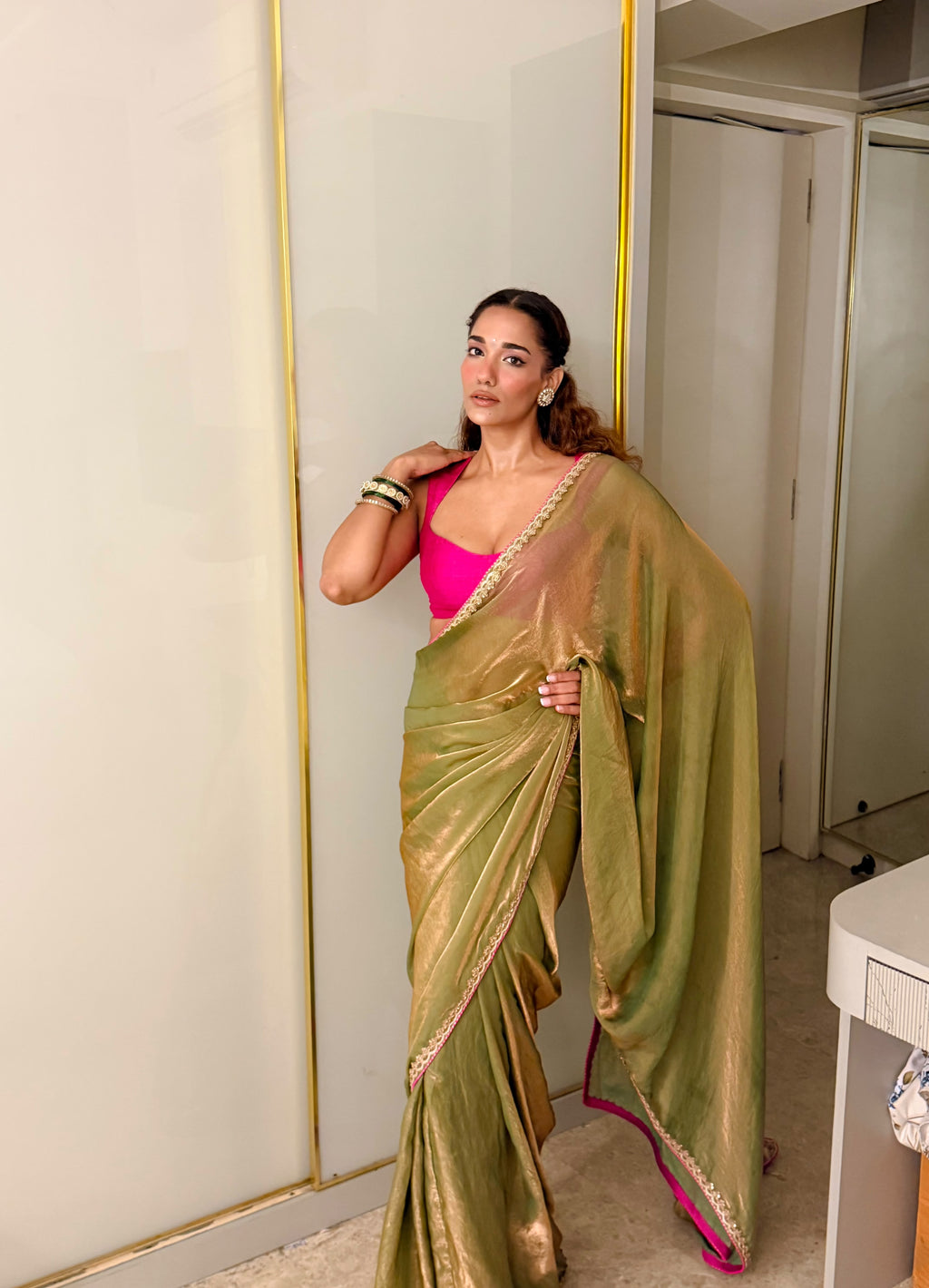 Mint green pre stitched tissue sari set