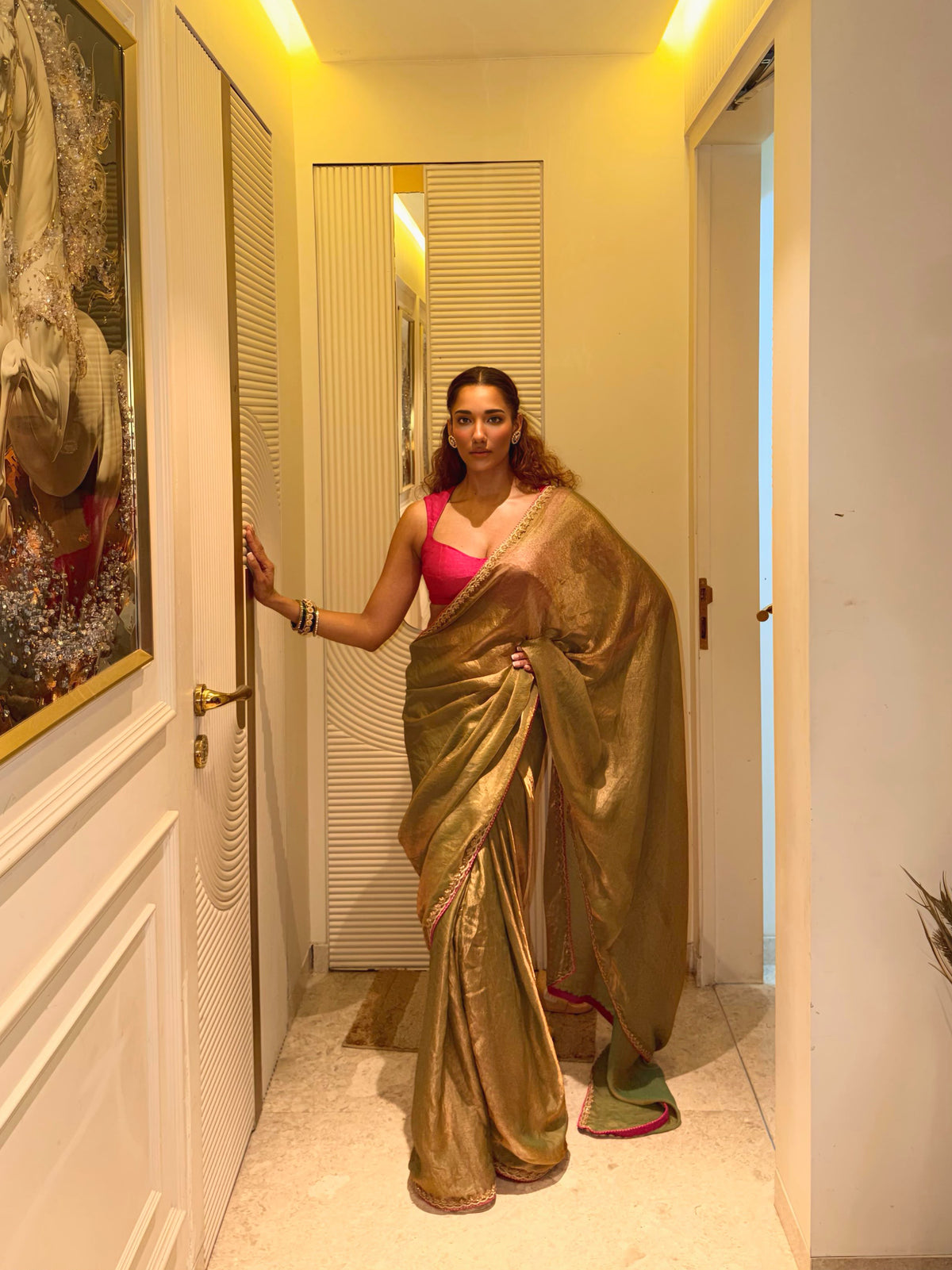 Mint green pre stitched tissue sari set