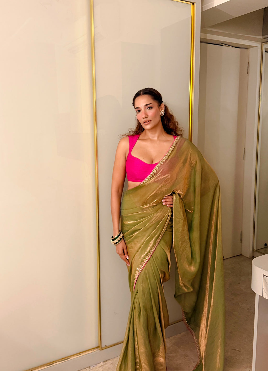 Mint green pre stitched tissue sari set