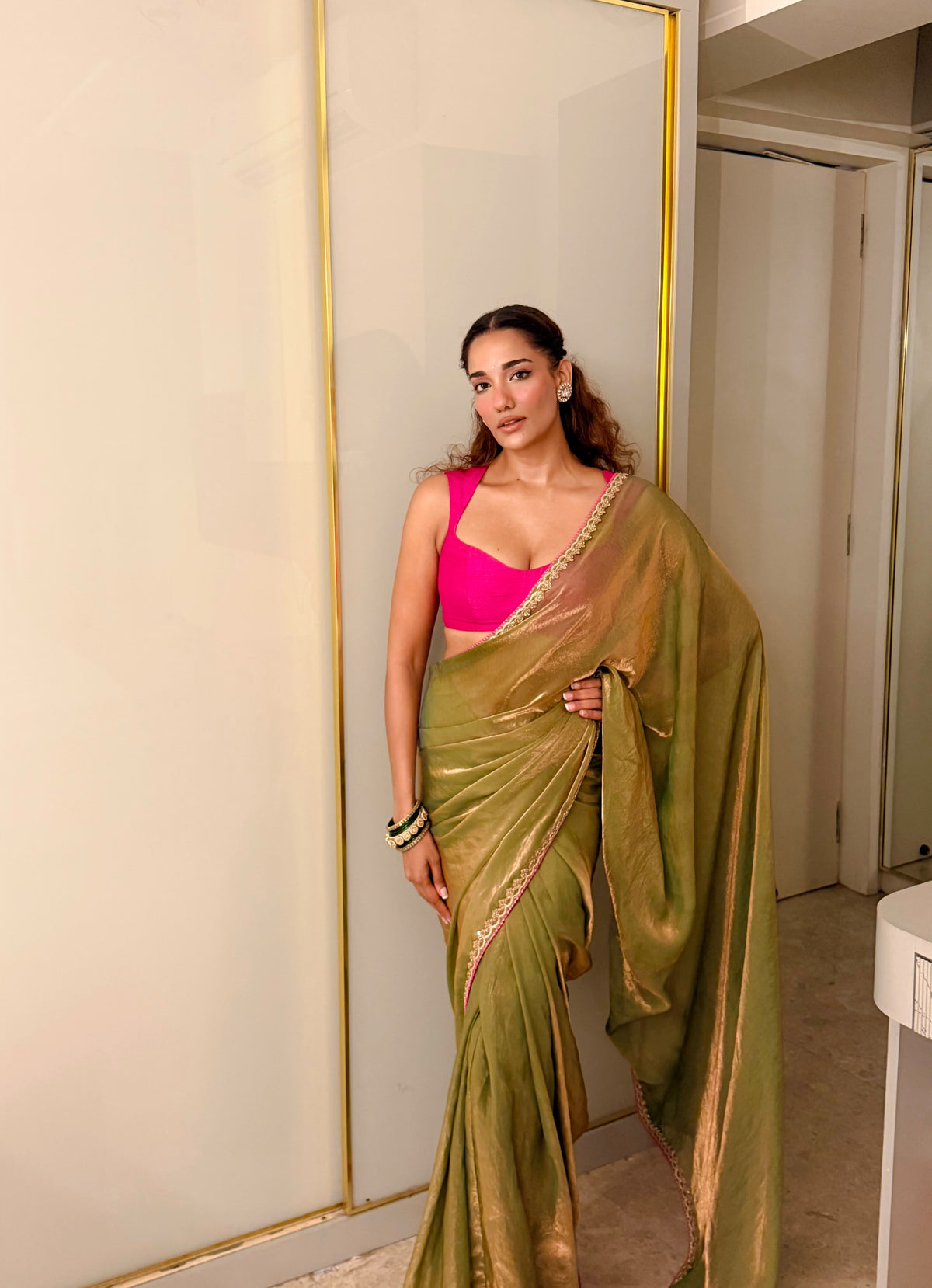 Mint green pre stitched tissue sari set