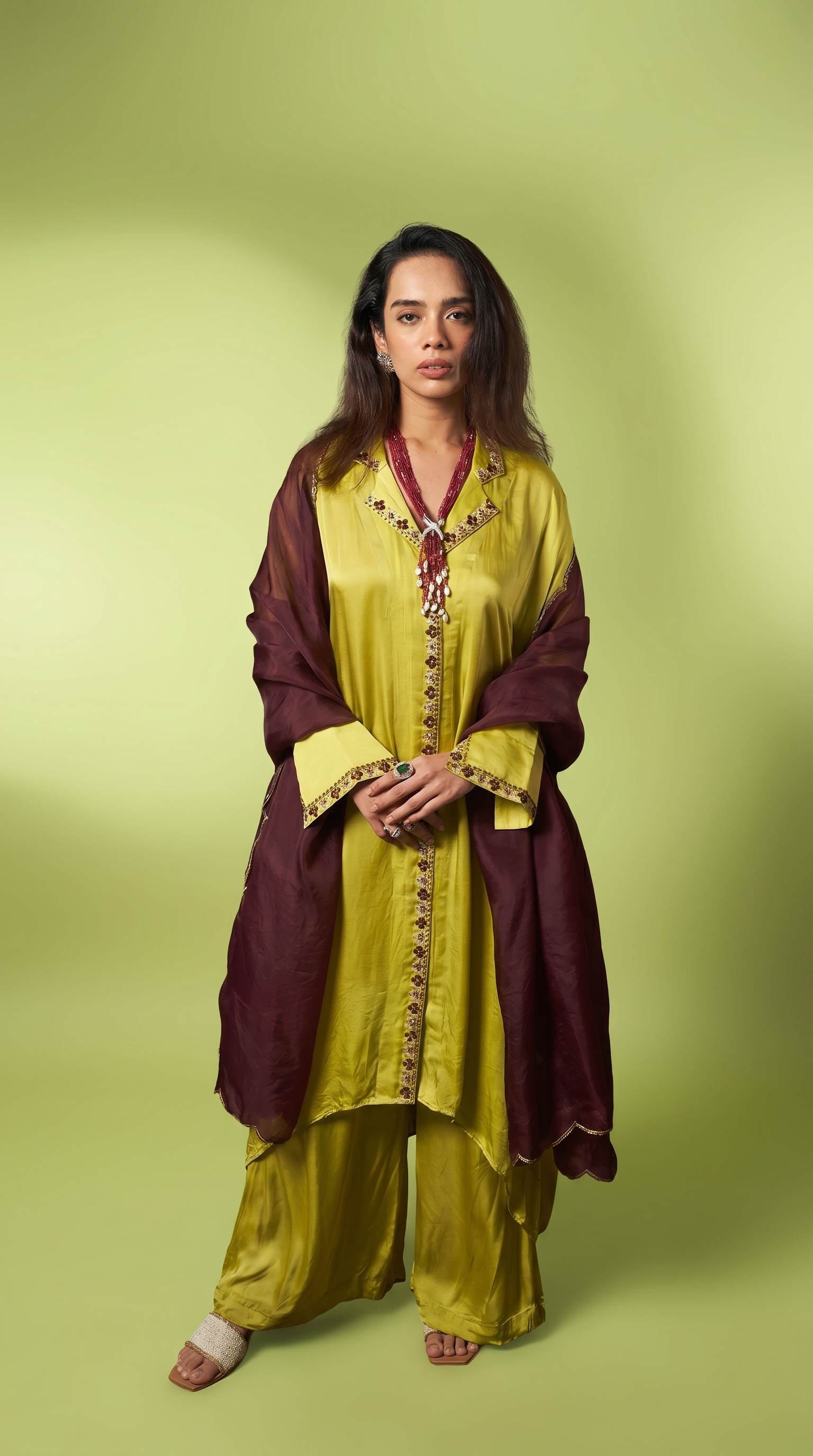 Lime green silk kaftan tunic set.