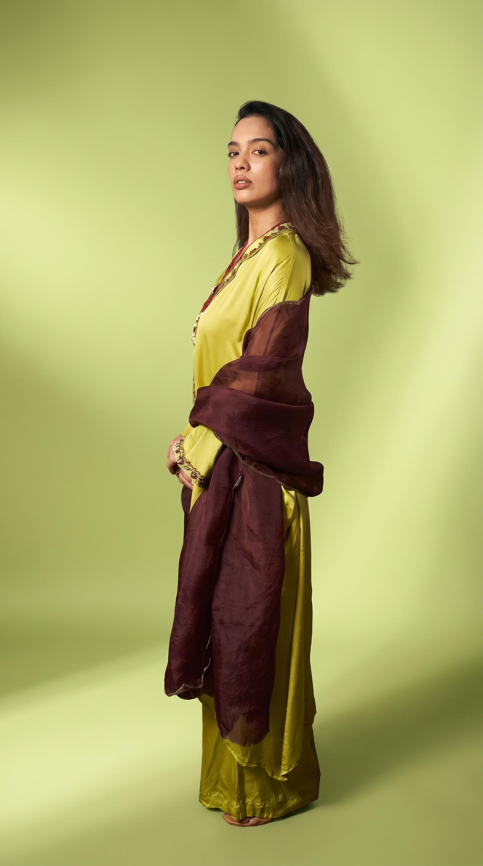 Lime green silk kaftan tunic set.