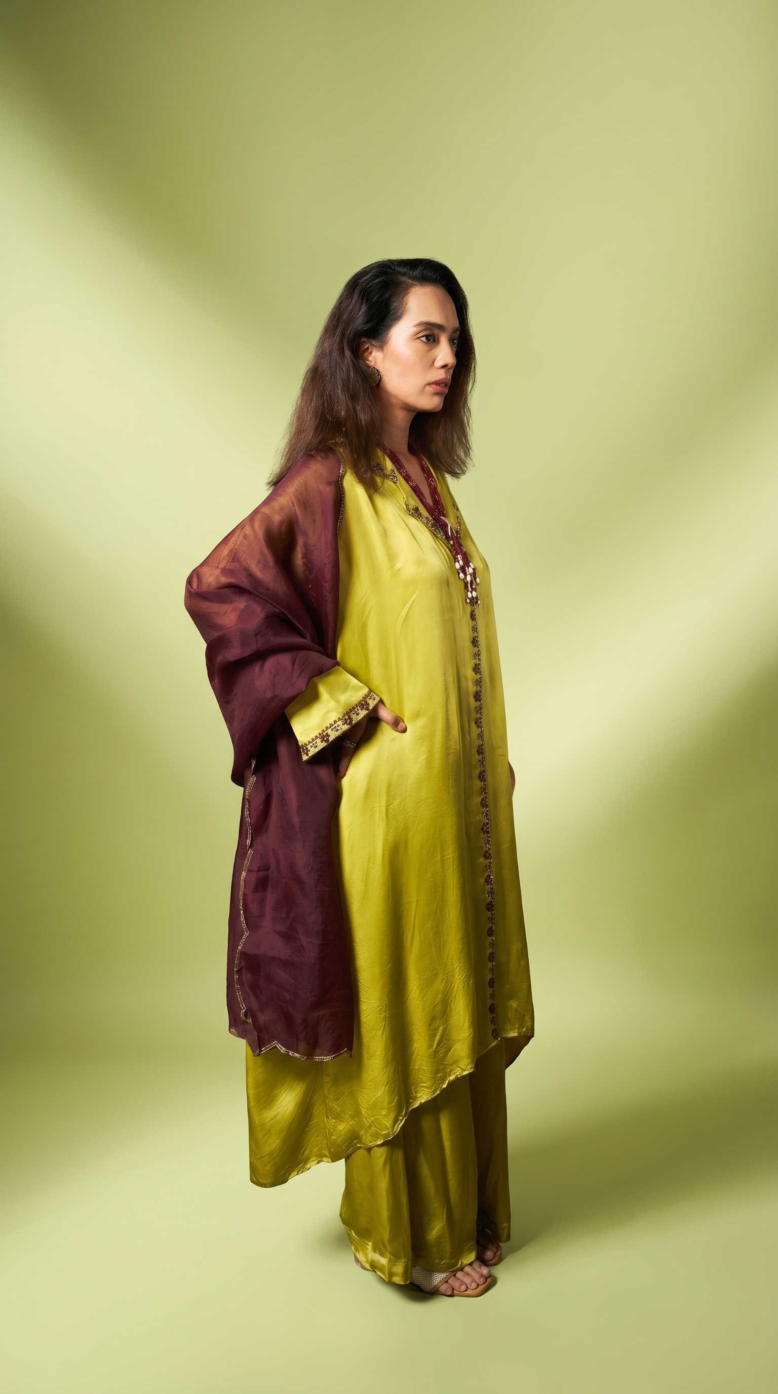 Lime green silk kaftan tunic set.