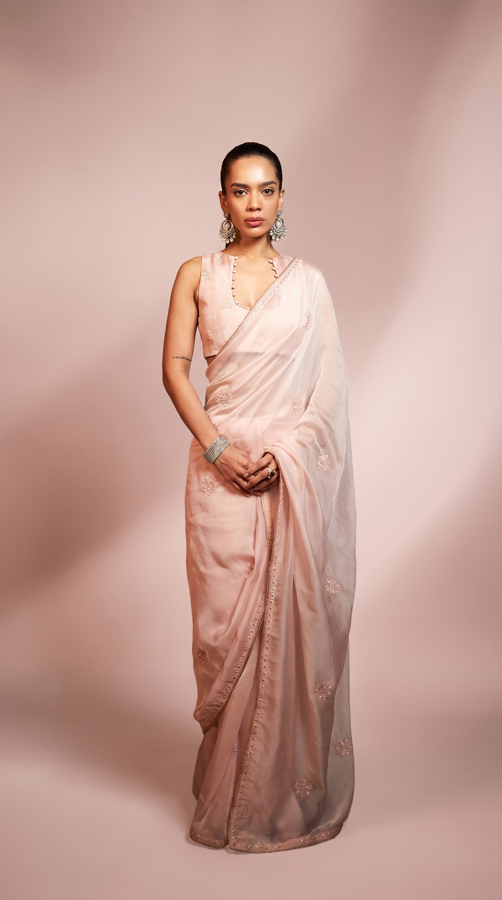Dustpink embriodered organza sari set