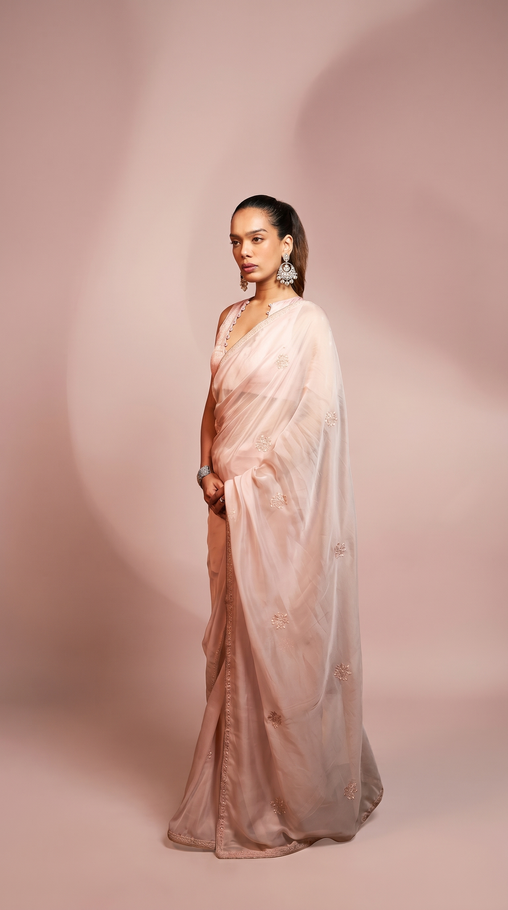 Dustpink embriodered organza sari set