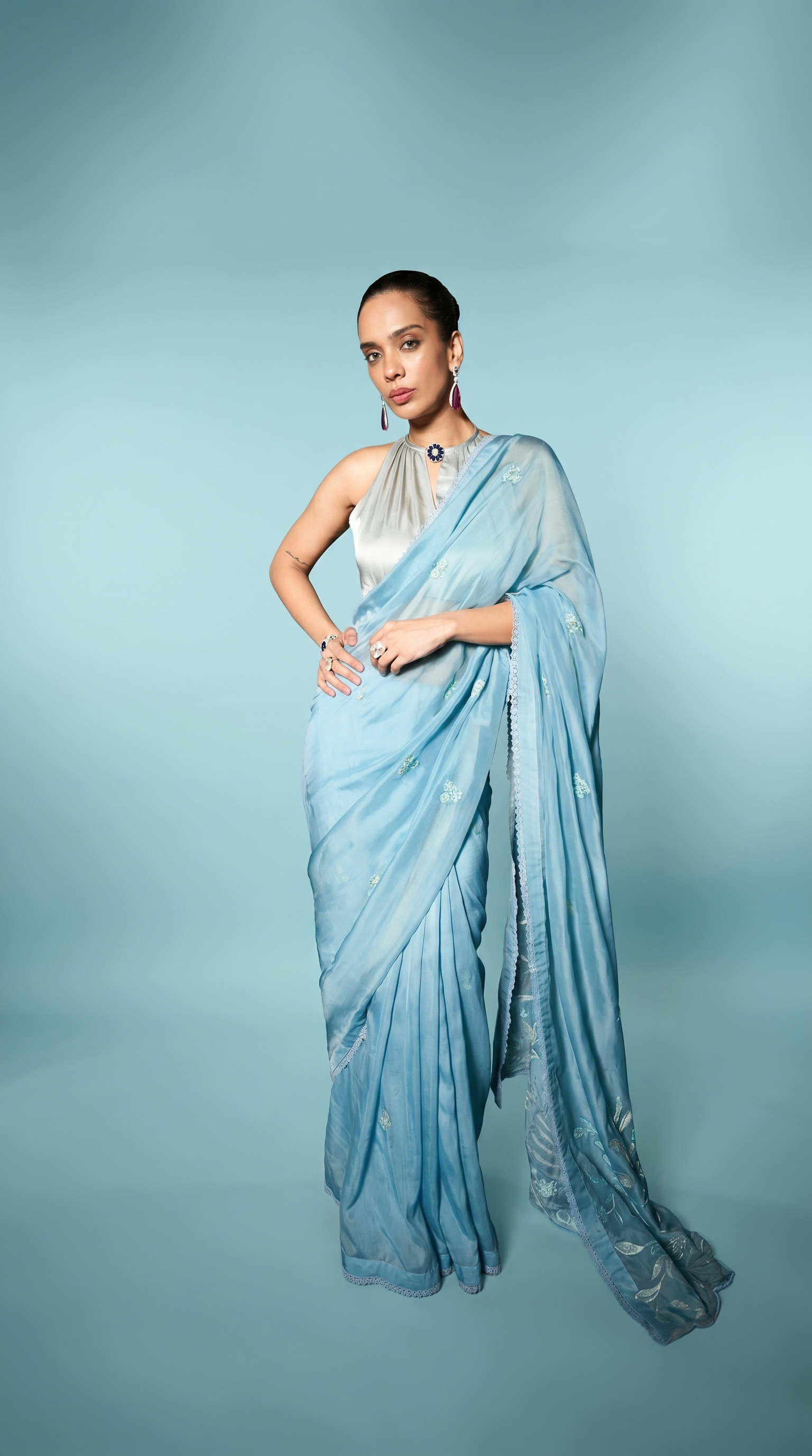 Turquoise & sage blue embriodered organza sari set.