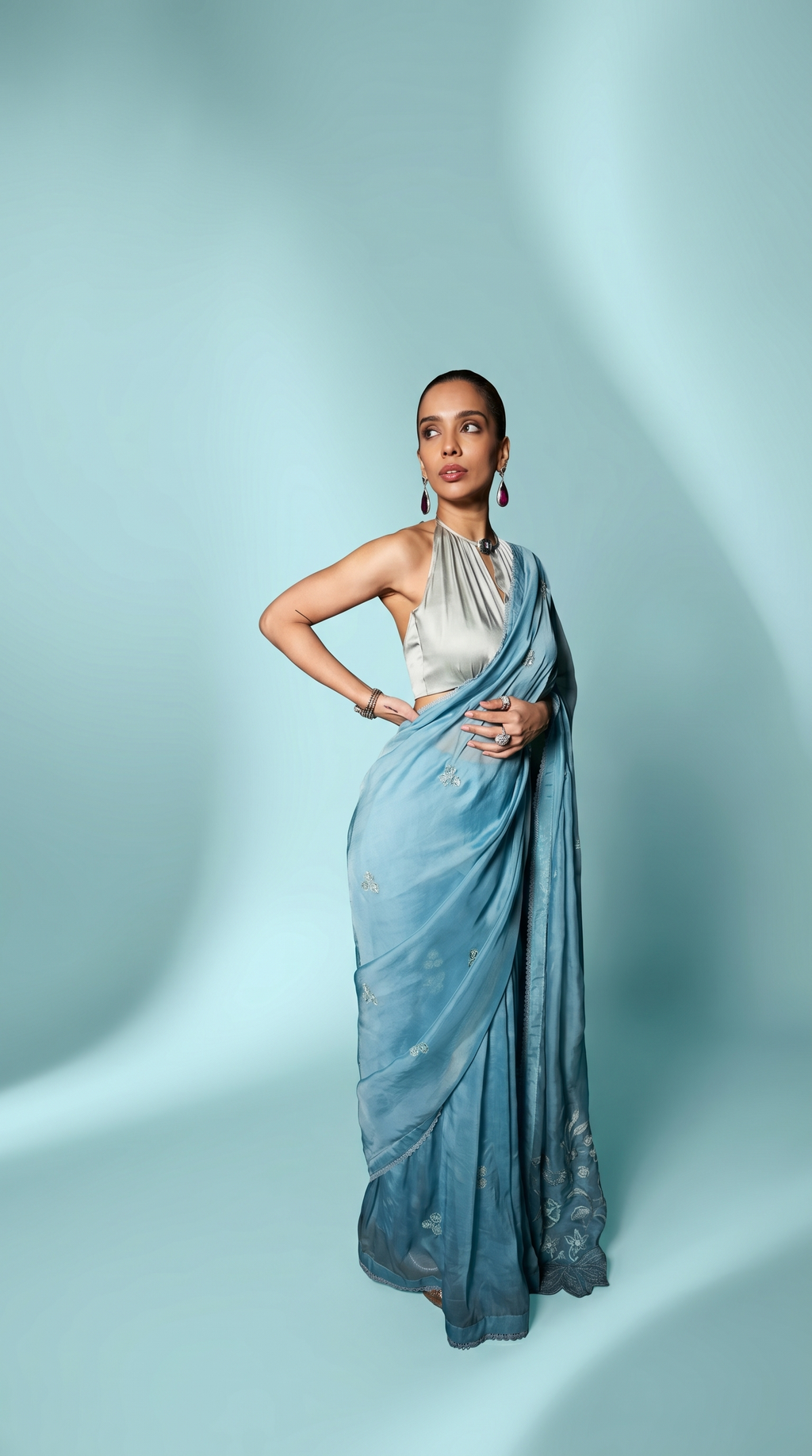 Turquoise & sage blue embriodered organza sari set.