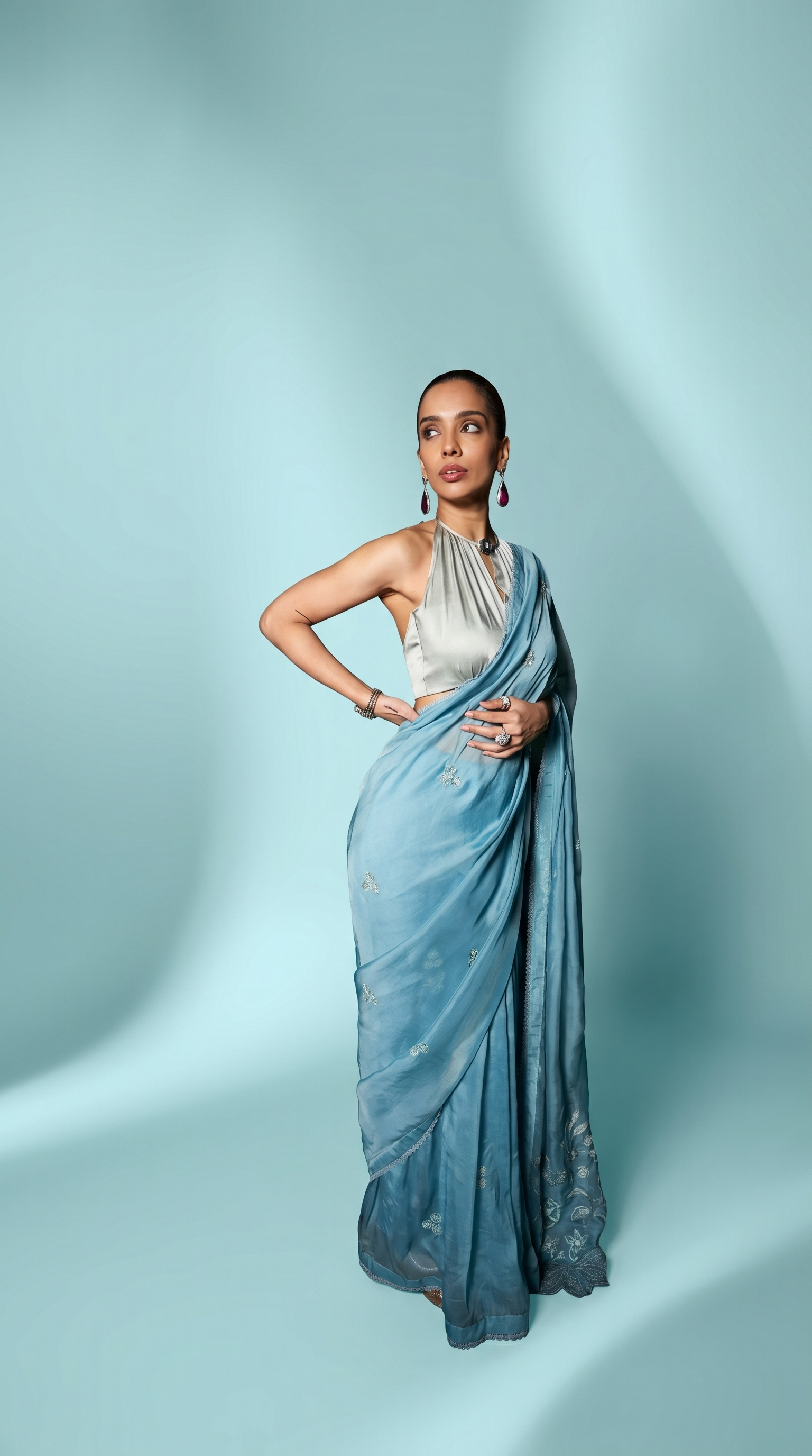 Turquoise & sage blue embriodered organza sari set.