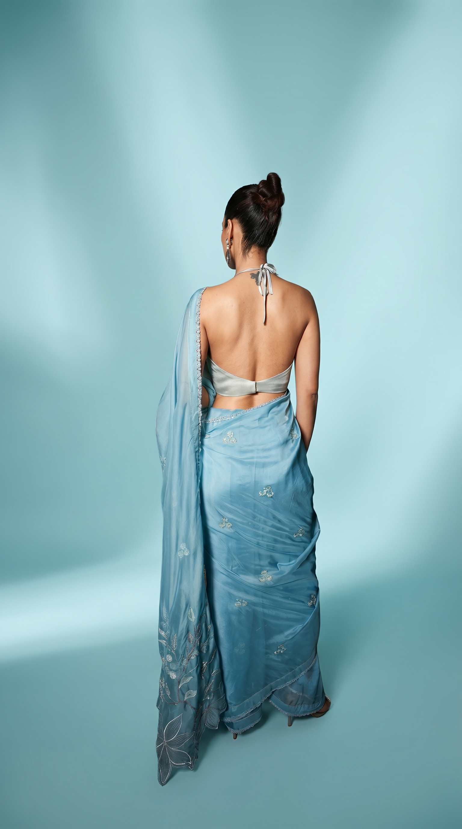 Turquoise & sage blue embriodered organza sari set.