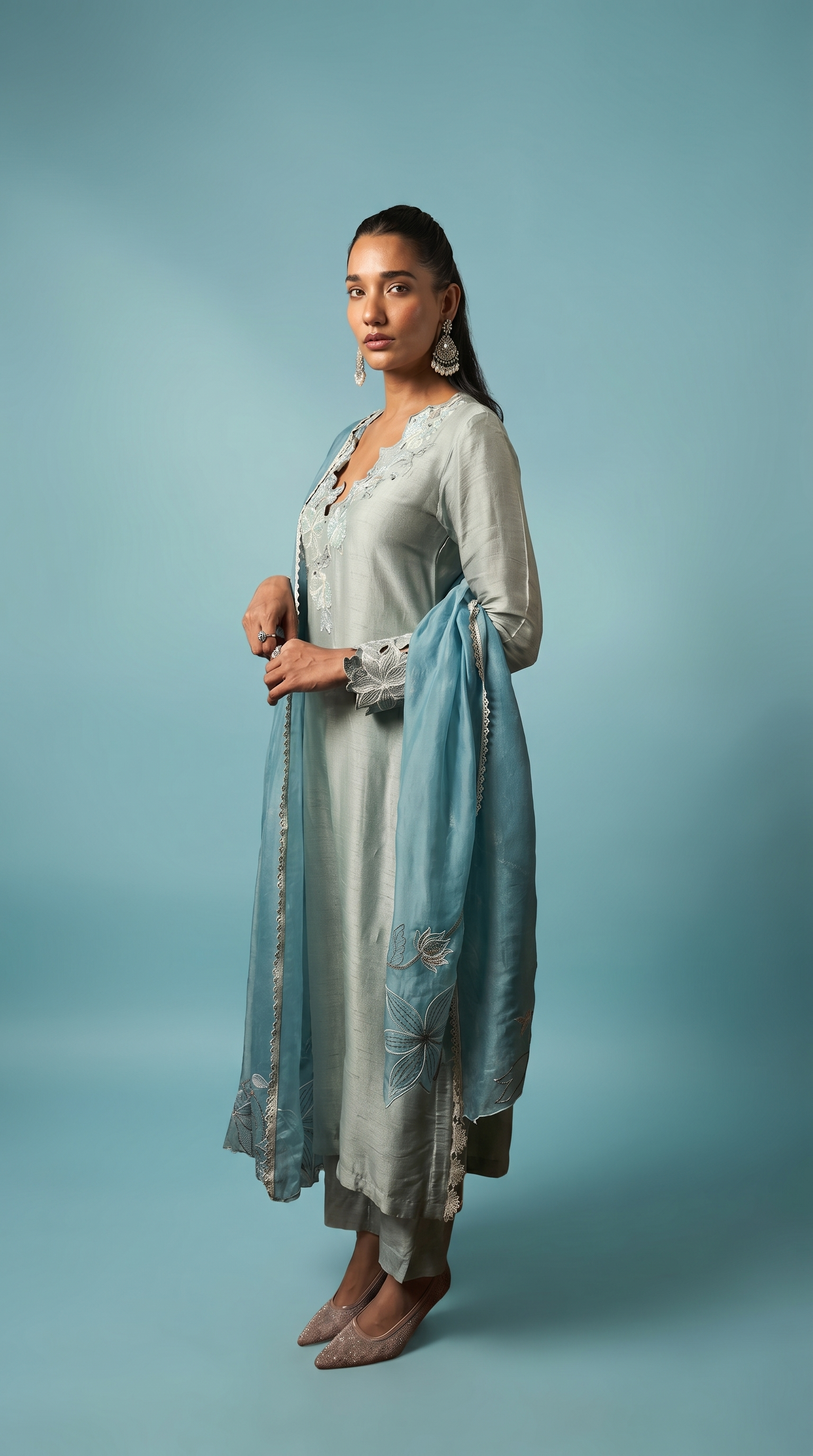 Sage blue & aqua blue contarst embriodered kurta set