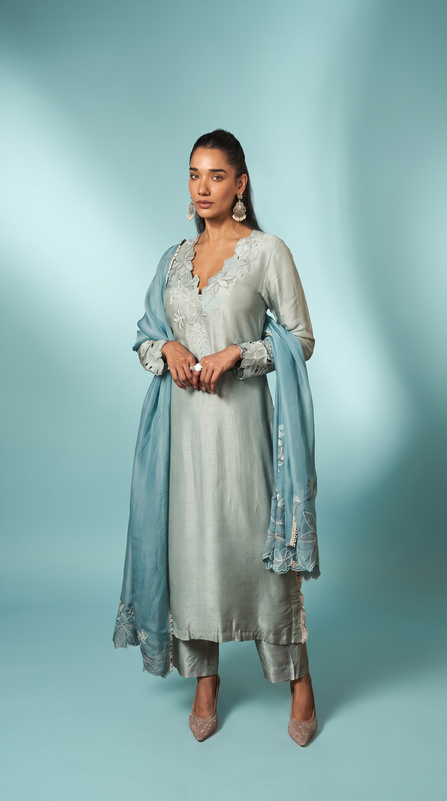 Sage blue & aqua blue contarst embriodered kurta set