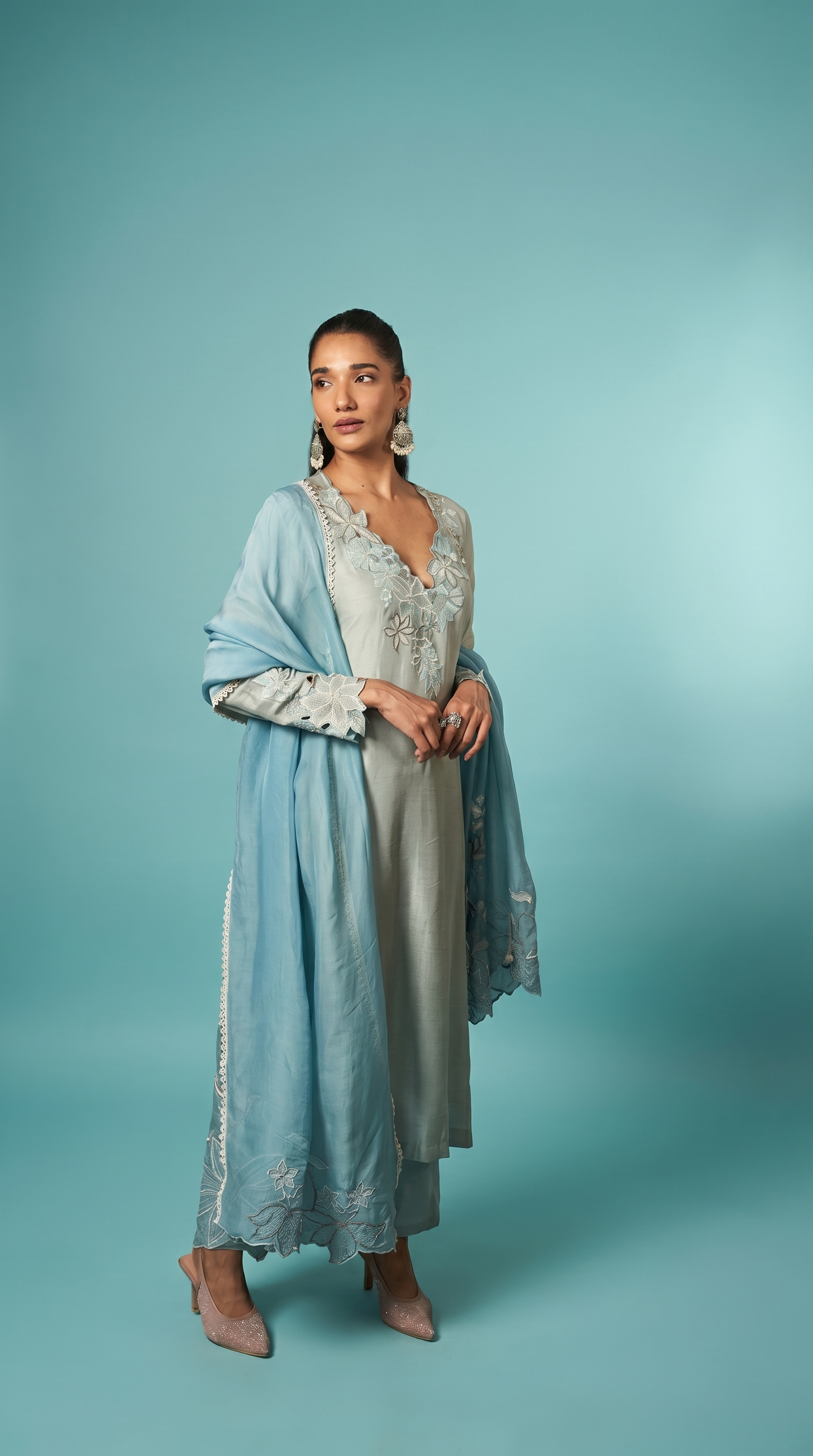 Sage blue & aqua blue contarst embriodered kurta set