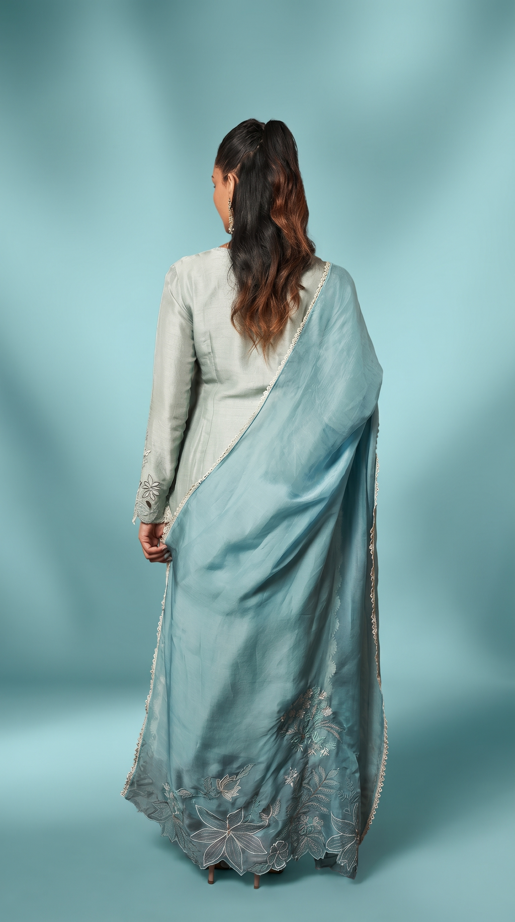 Sage blue & aqua blue contarst embriodered kurta set