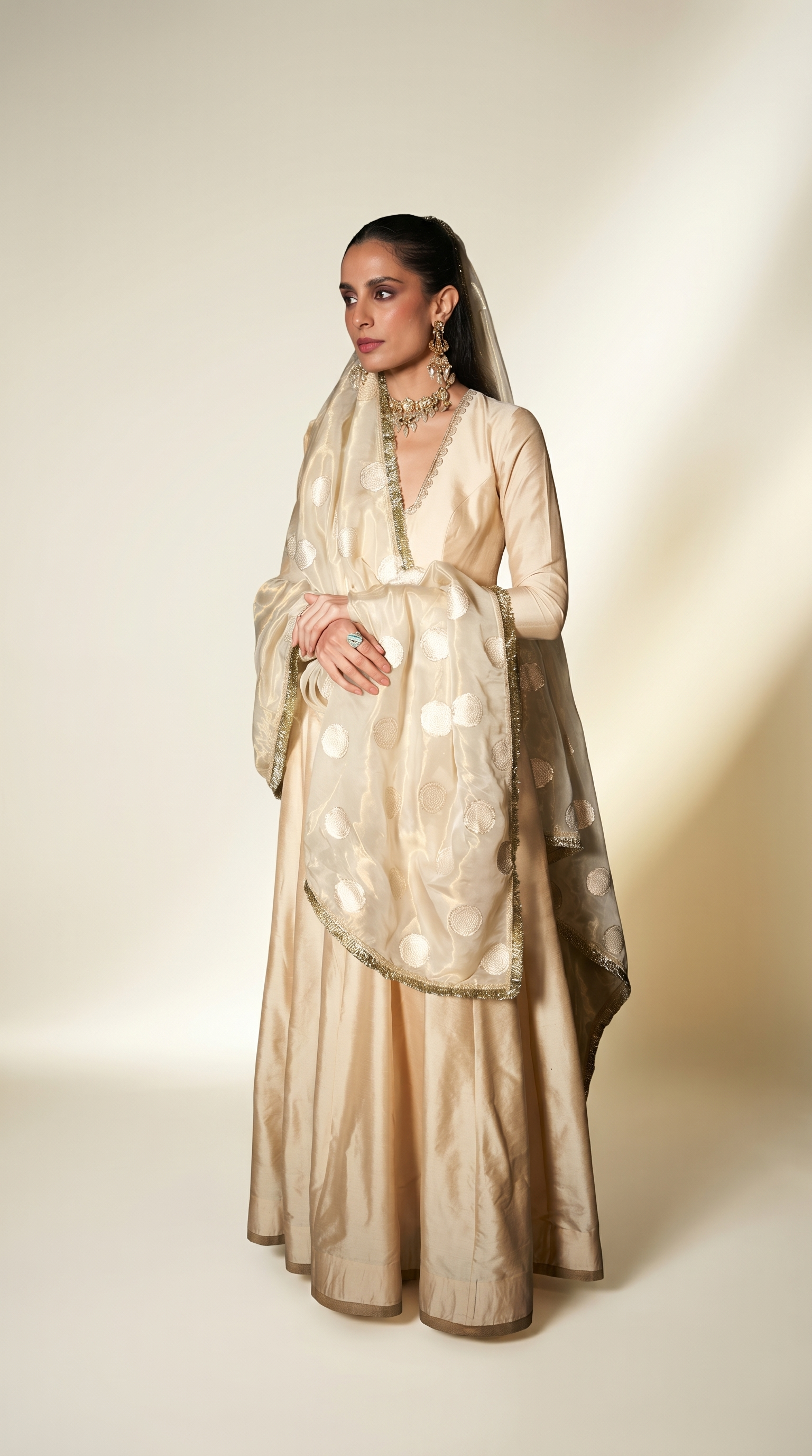 Coconut & gold silk anarkali set.
