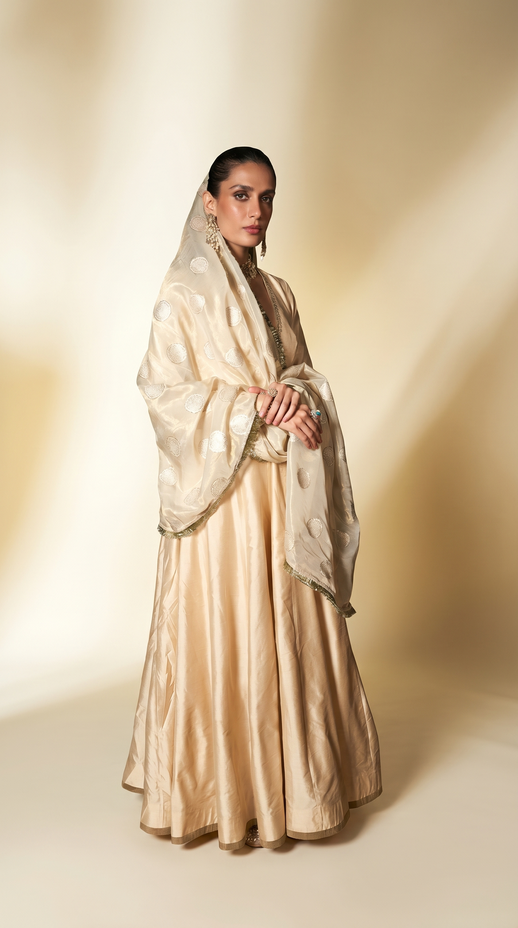 Coconut & gold silk anarkali set.