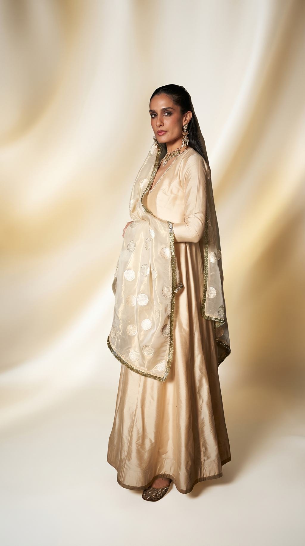 Coconut & gold silk anarkali set.