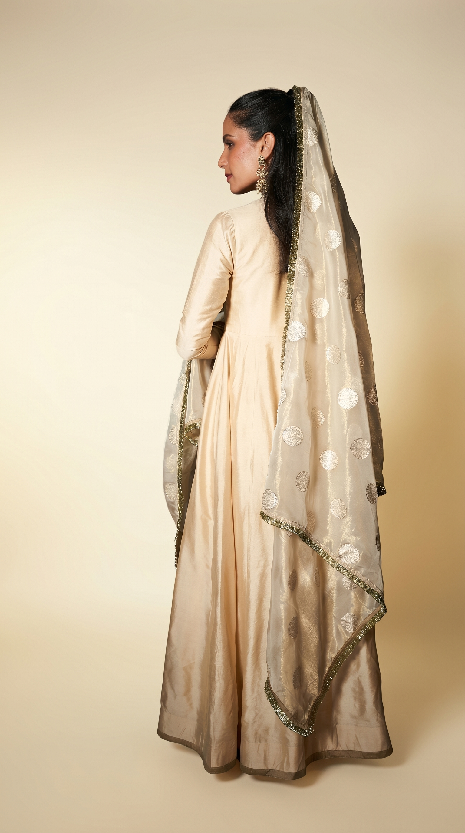 Coconut & gold silk anarkali set.