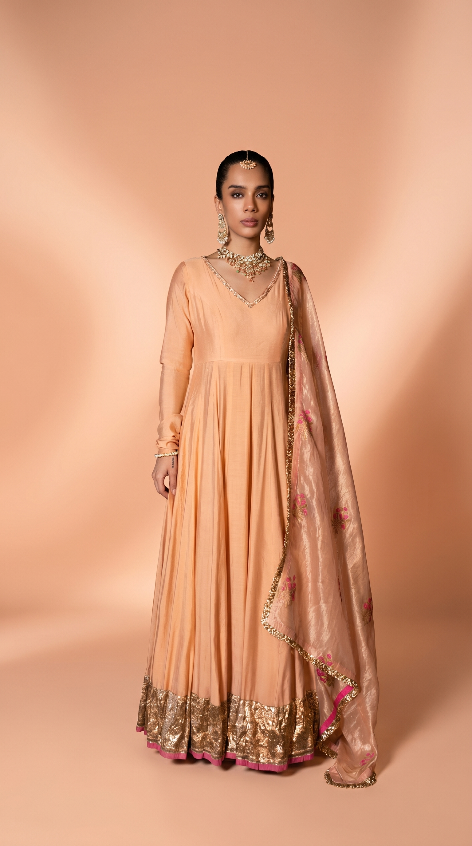 Peach silk anarkali set.