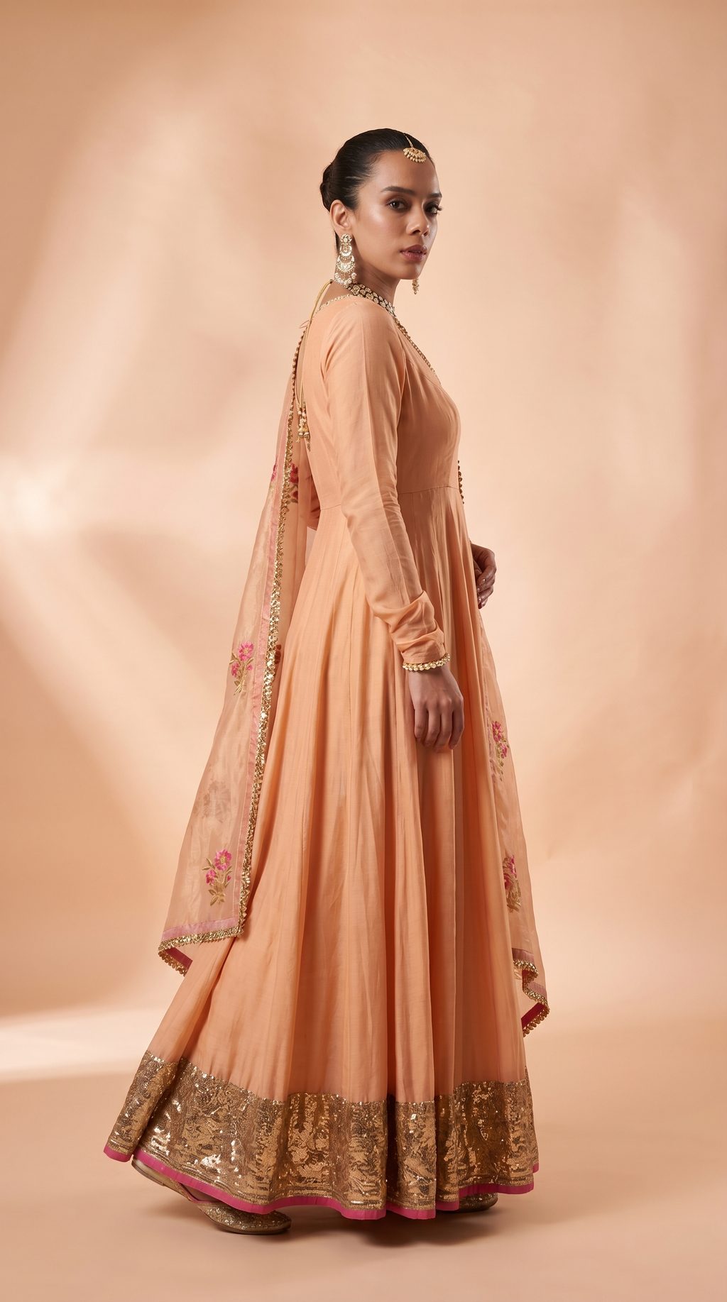 Peach silk anarkali set.