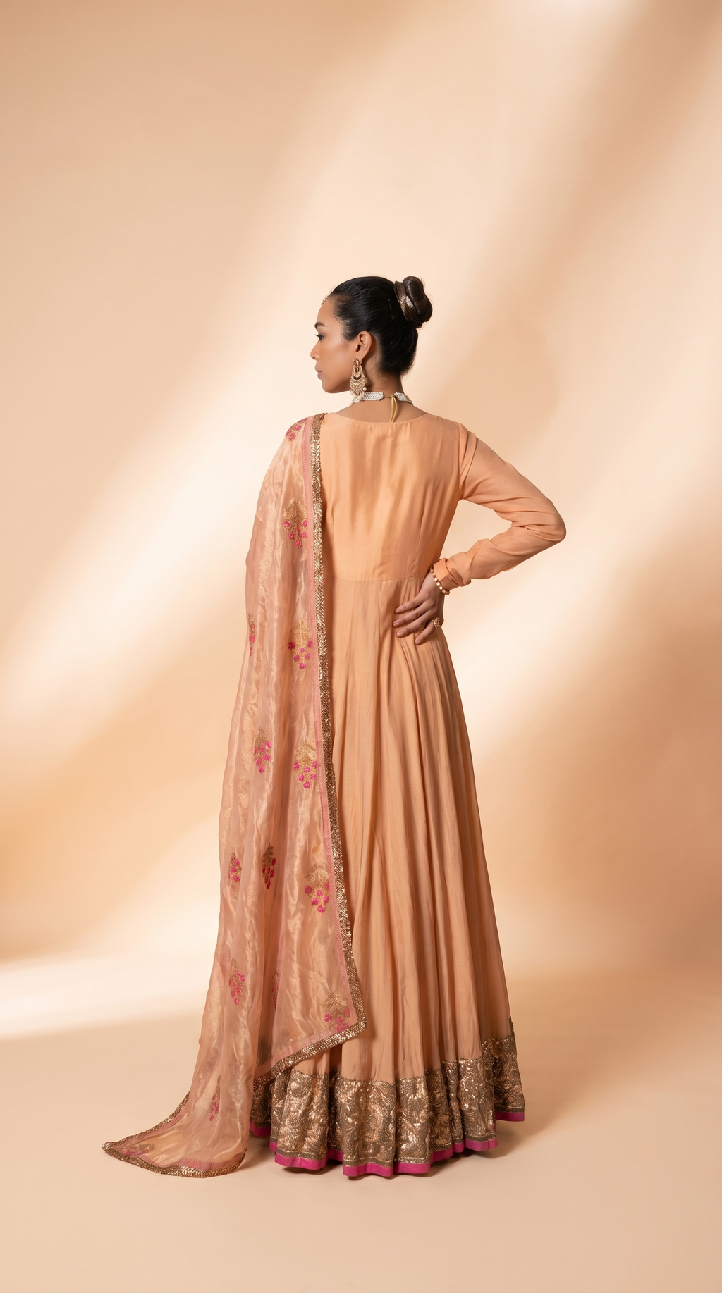 Peach silk anarkali set.