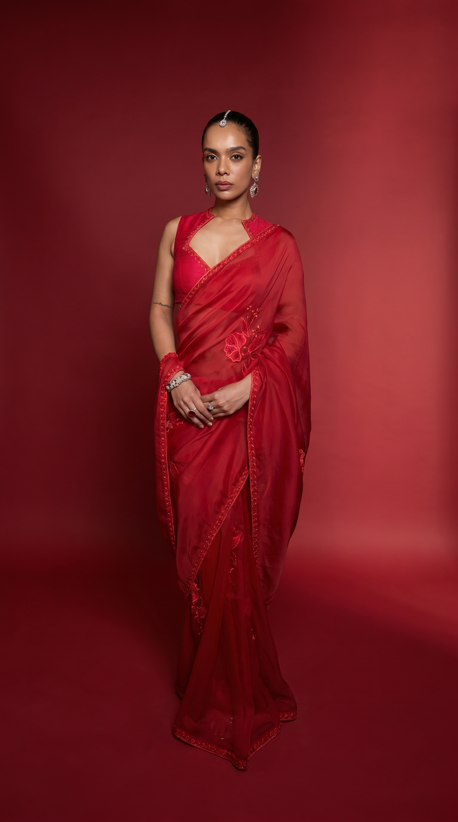 Scarlet red embriodered organza sari set