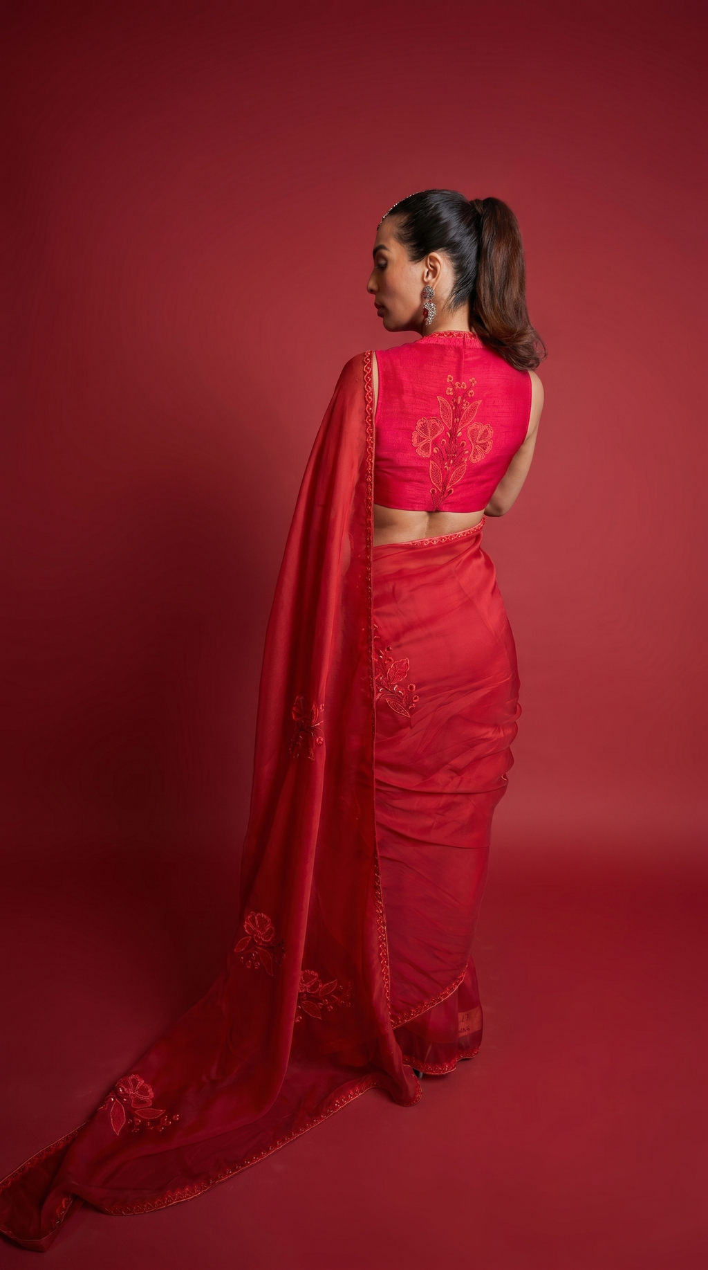 Scarlet red embriodered organza sari set