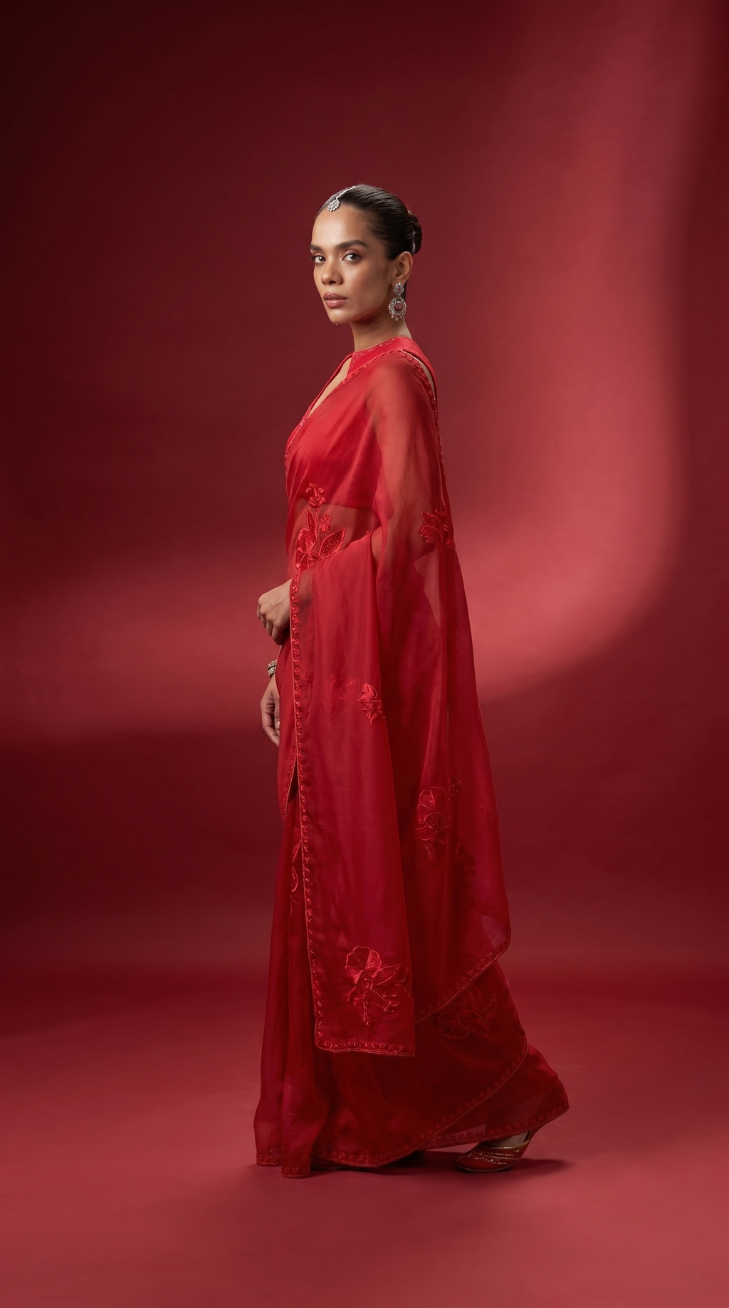 Scarlet red embriodered organza sari set