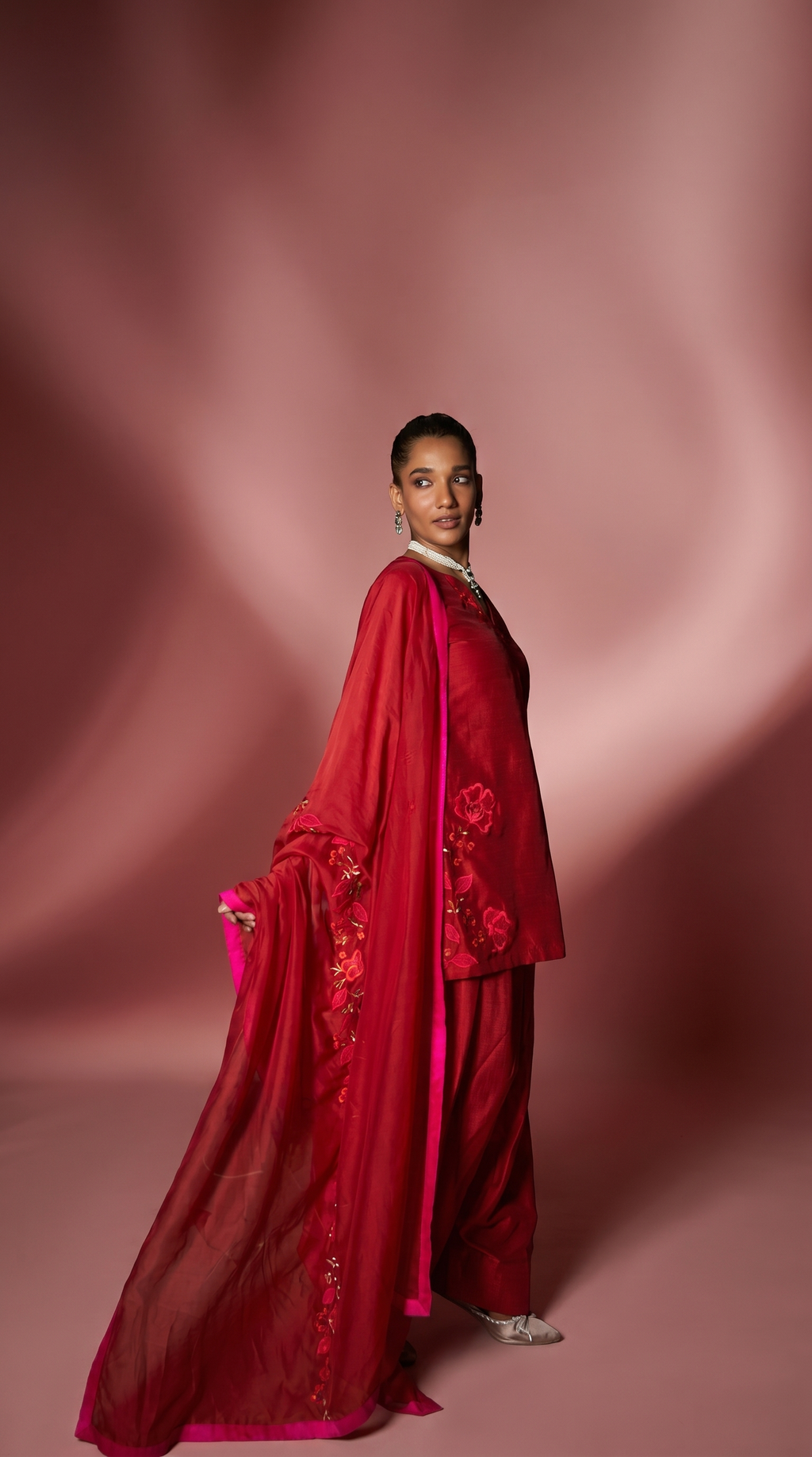 Scarlet Red patchwork embriodered  short kurta set