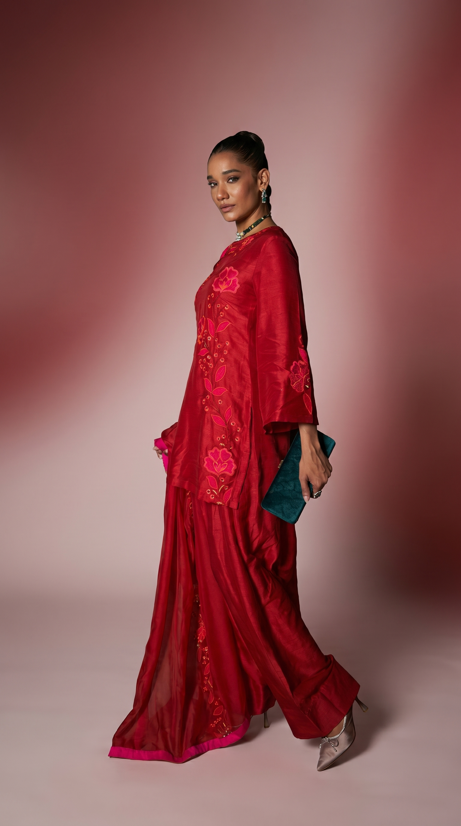 Scarlet Red patchwork embriodered  short kurta set
