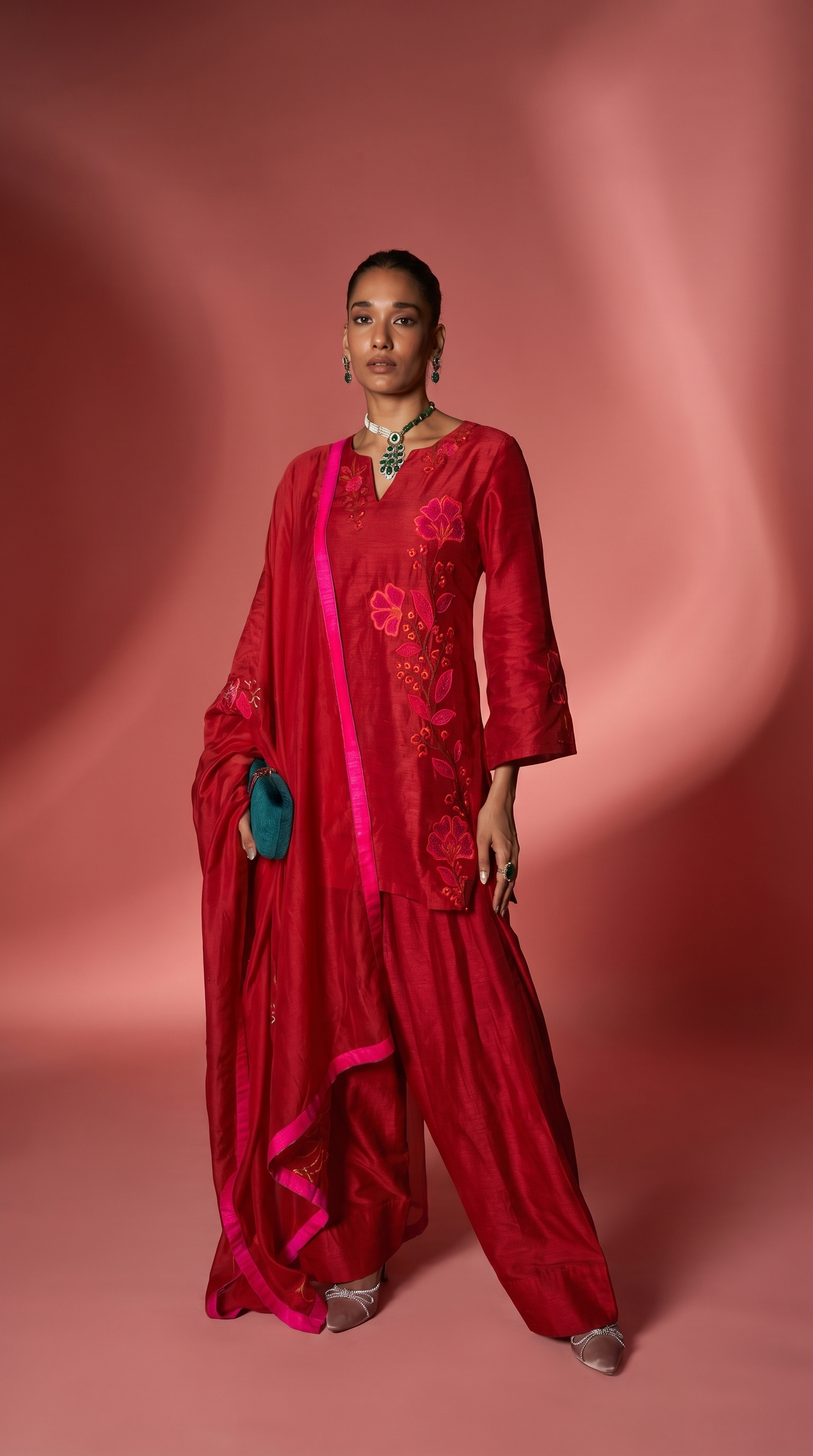 Scarlet Red patchwork embriodered  short kurta set