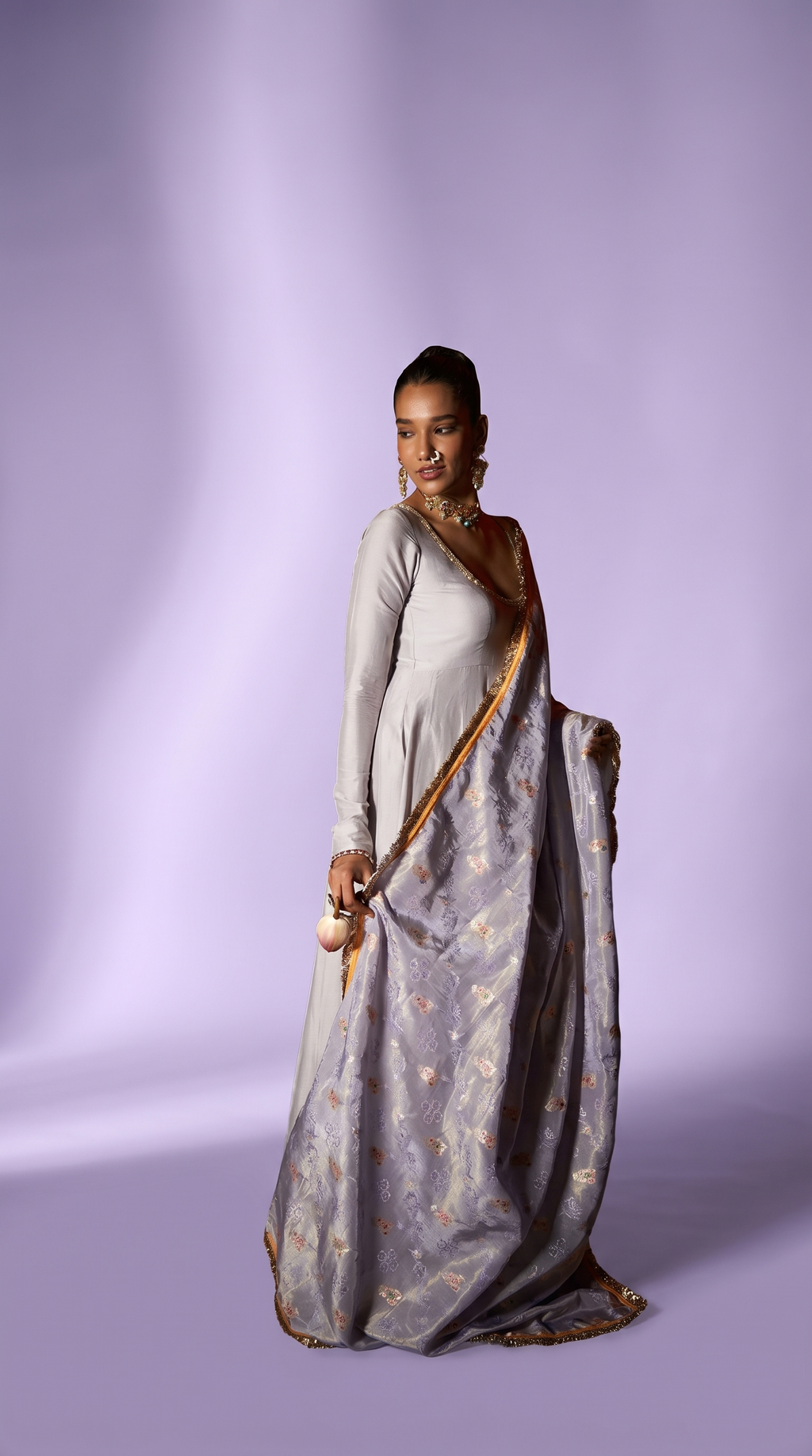 Lavender  silk anarkali set.