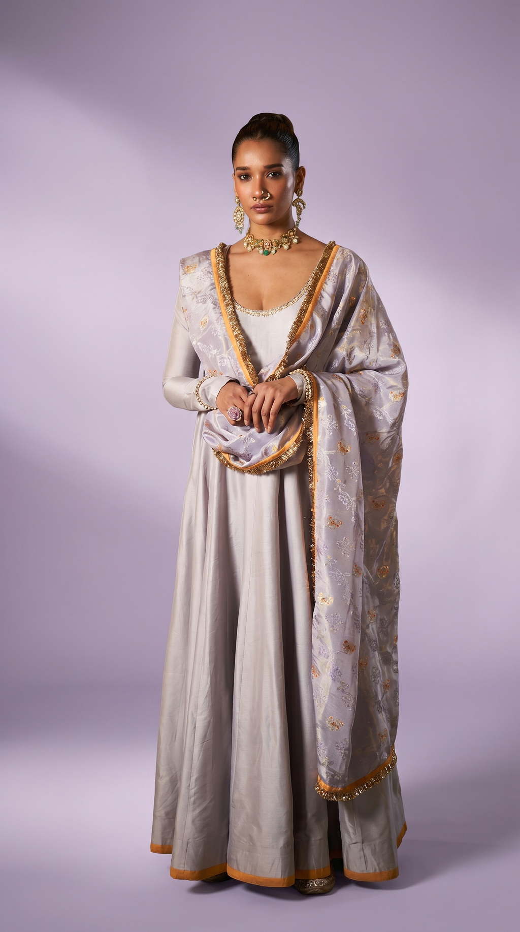 Lavender  silk anarkali set.