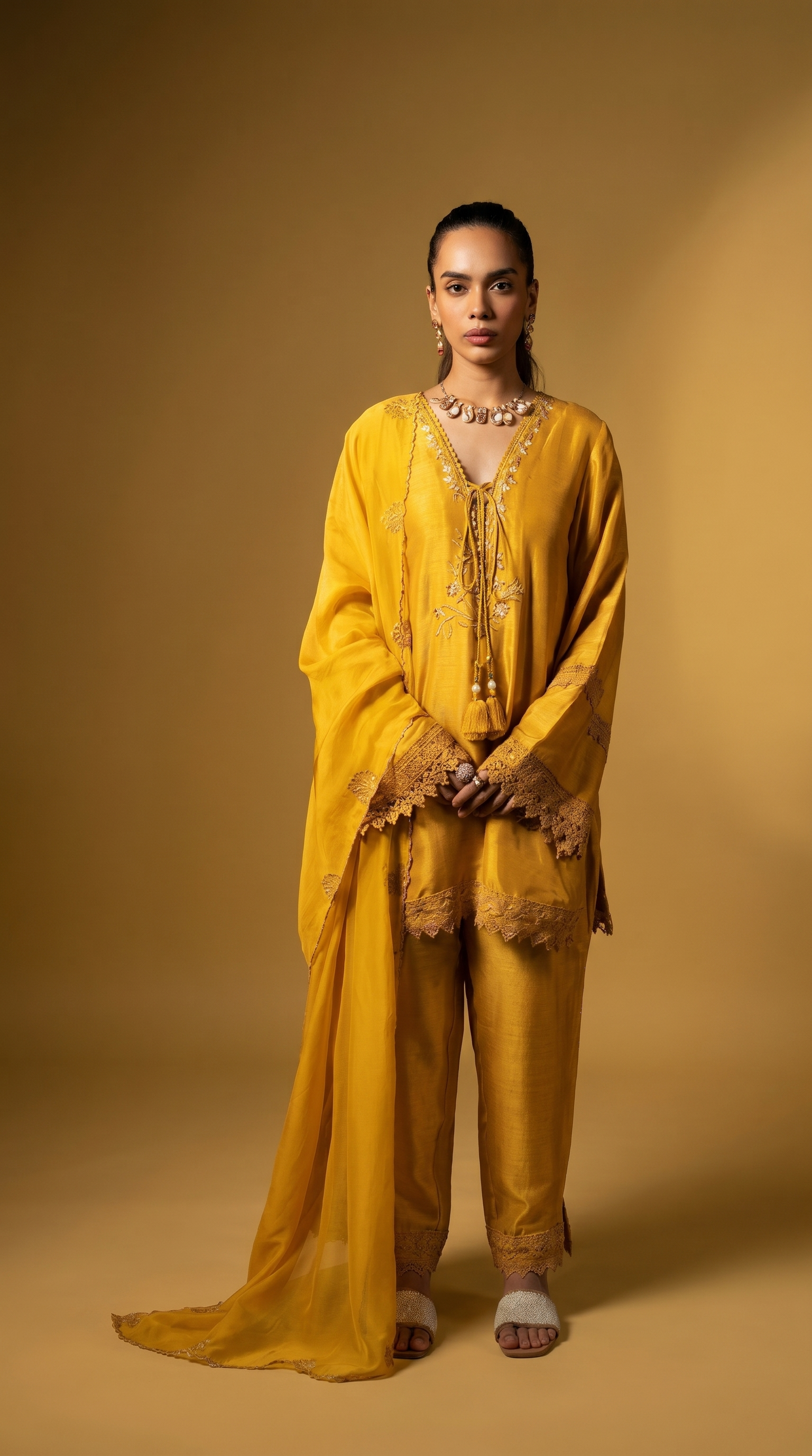 Sunshine yellow embriodered short kurta set.