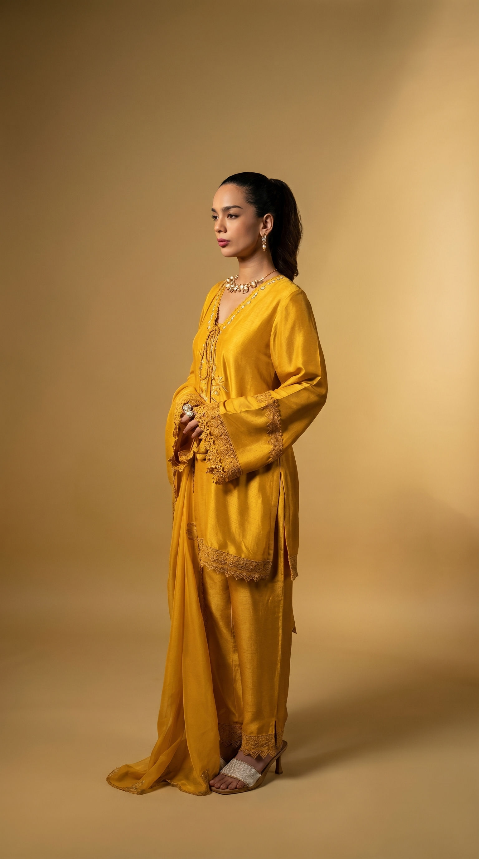 Sunshine yellow embriodered short kurta set.