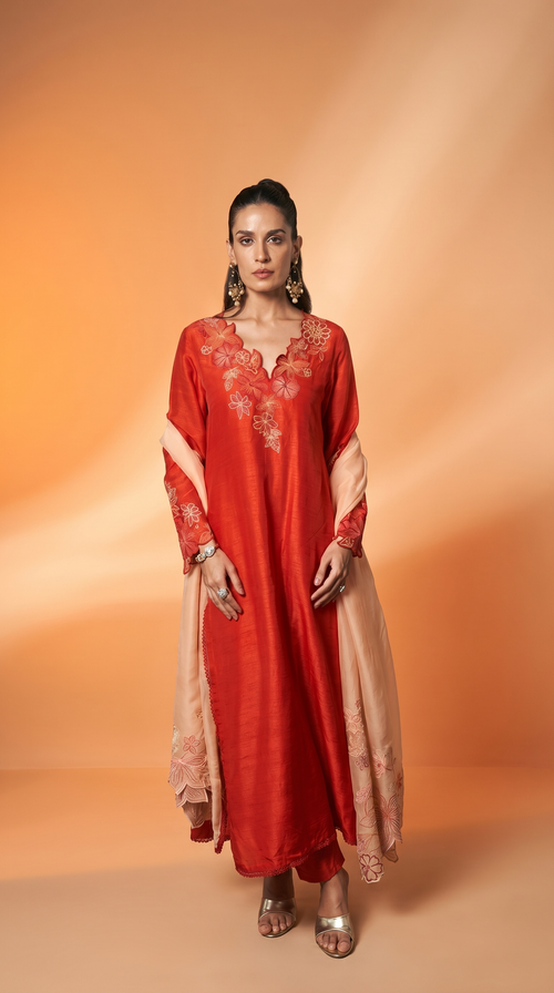 Burnt orange & peach embriodered kurta set